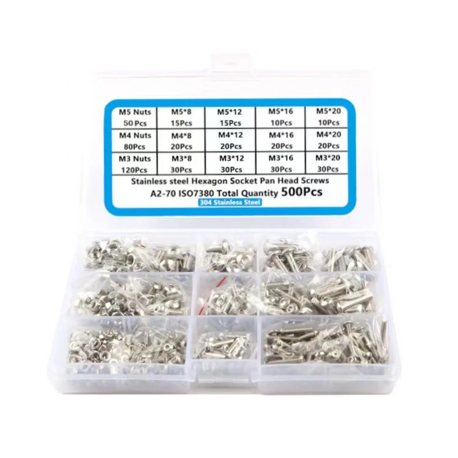 500PCS 304 Stainless Steel M3 M4 M5 Socket Head Cap Screws Nuts Assortment Kit with Storage Box, 4 Hex Wrenches Included