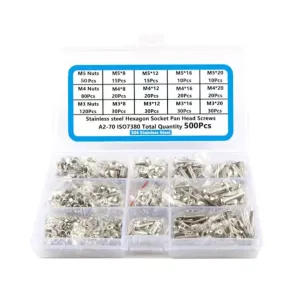 500PCS 304 Stainless Steel M3 M4 M5 Socket Head Cap Screws Nuts Assortment Kit with Storage Box, 4 Hex Wrenches Included