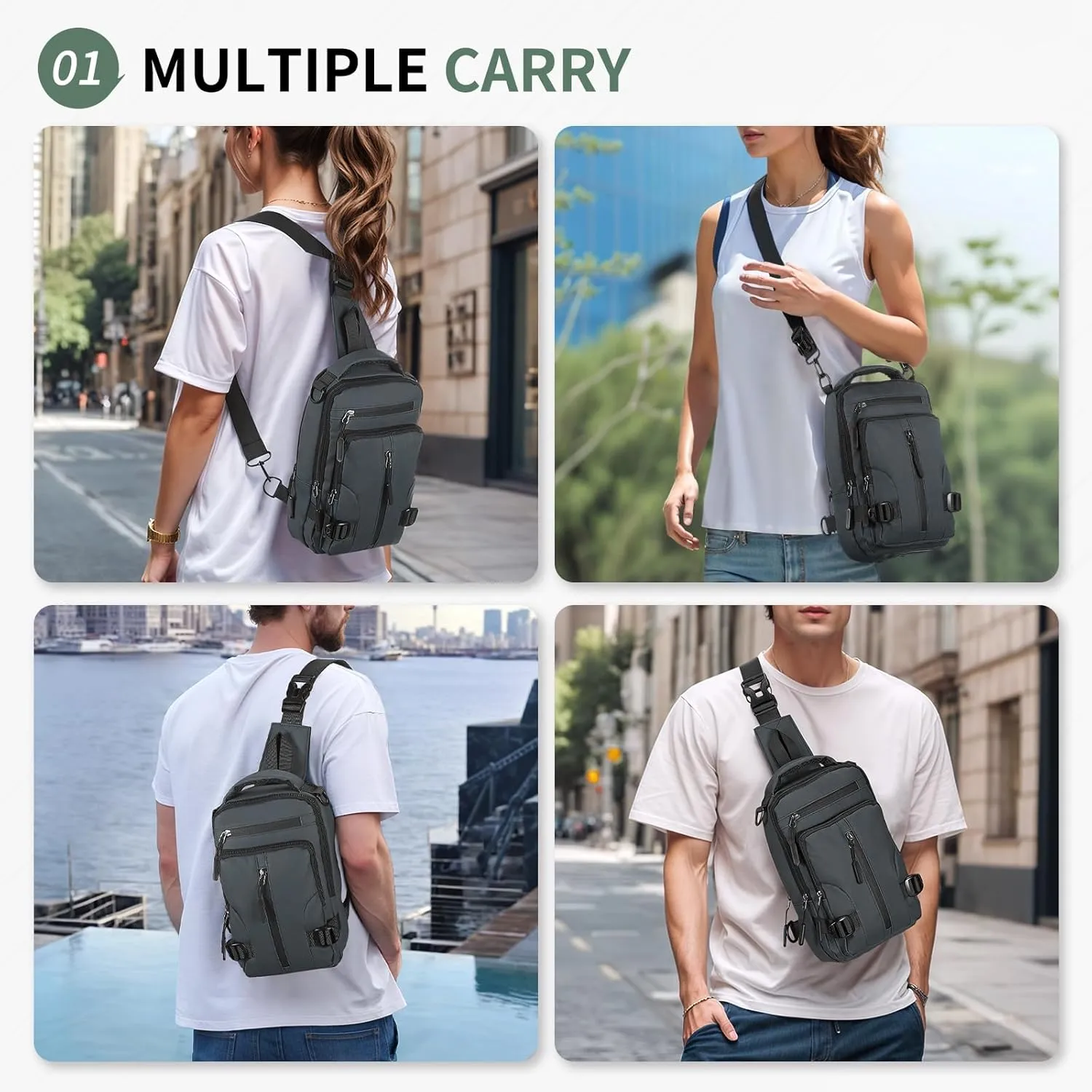 Anti Theft Crossbody Backpack, 9.7-Inch Pads Convertible Sling Bag Lightweight One Strap Casual Pack for Women Men Hiking Travel Cycling (Grey)