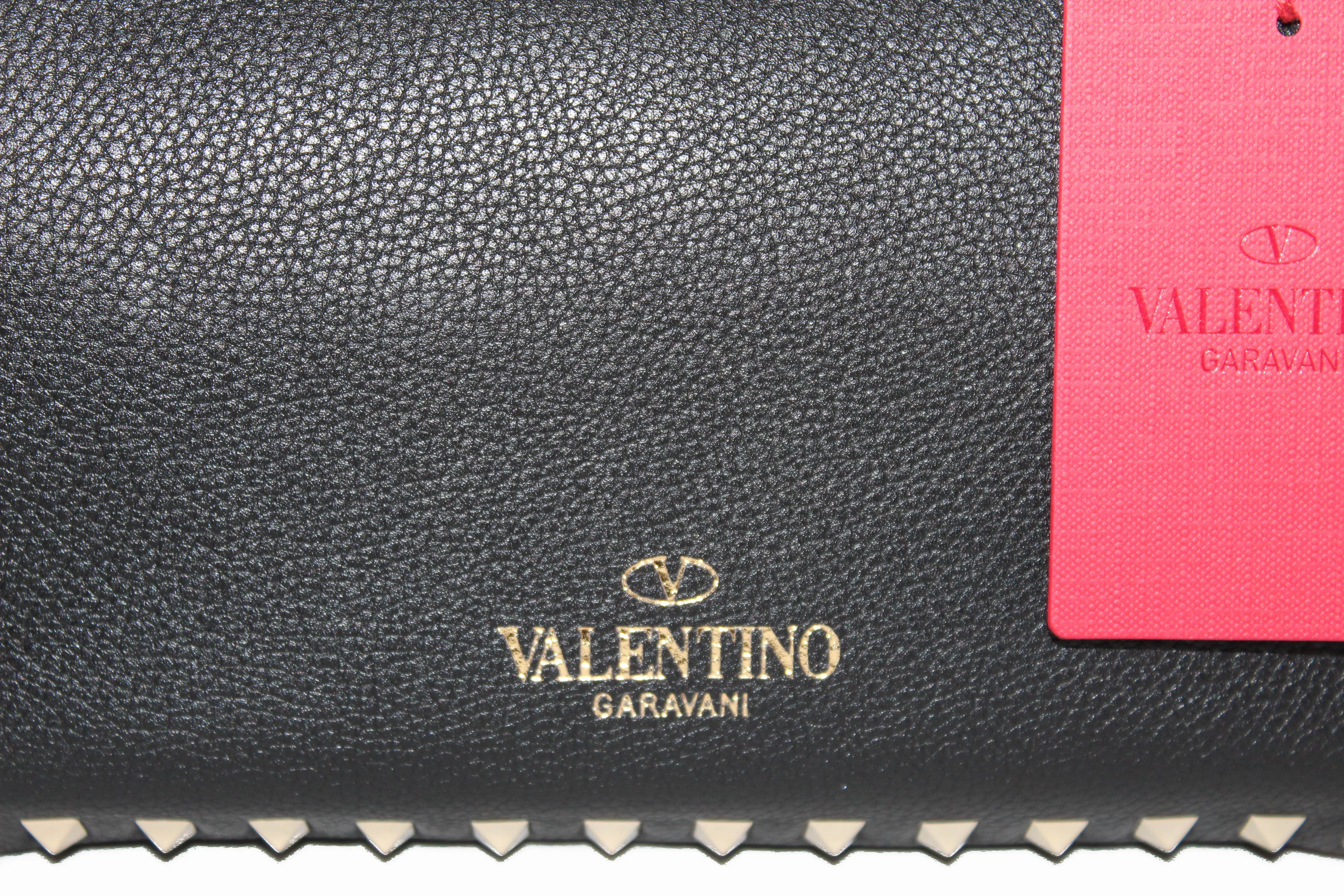 Authentic New Valentino Black Small Rockstud Calfskin Leather Tote Shoulder Bag
