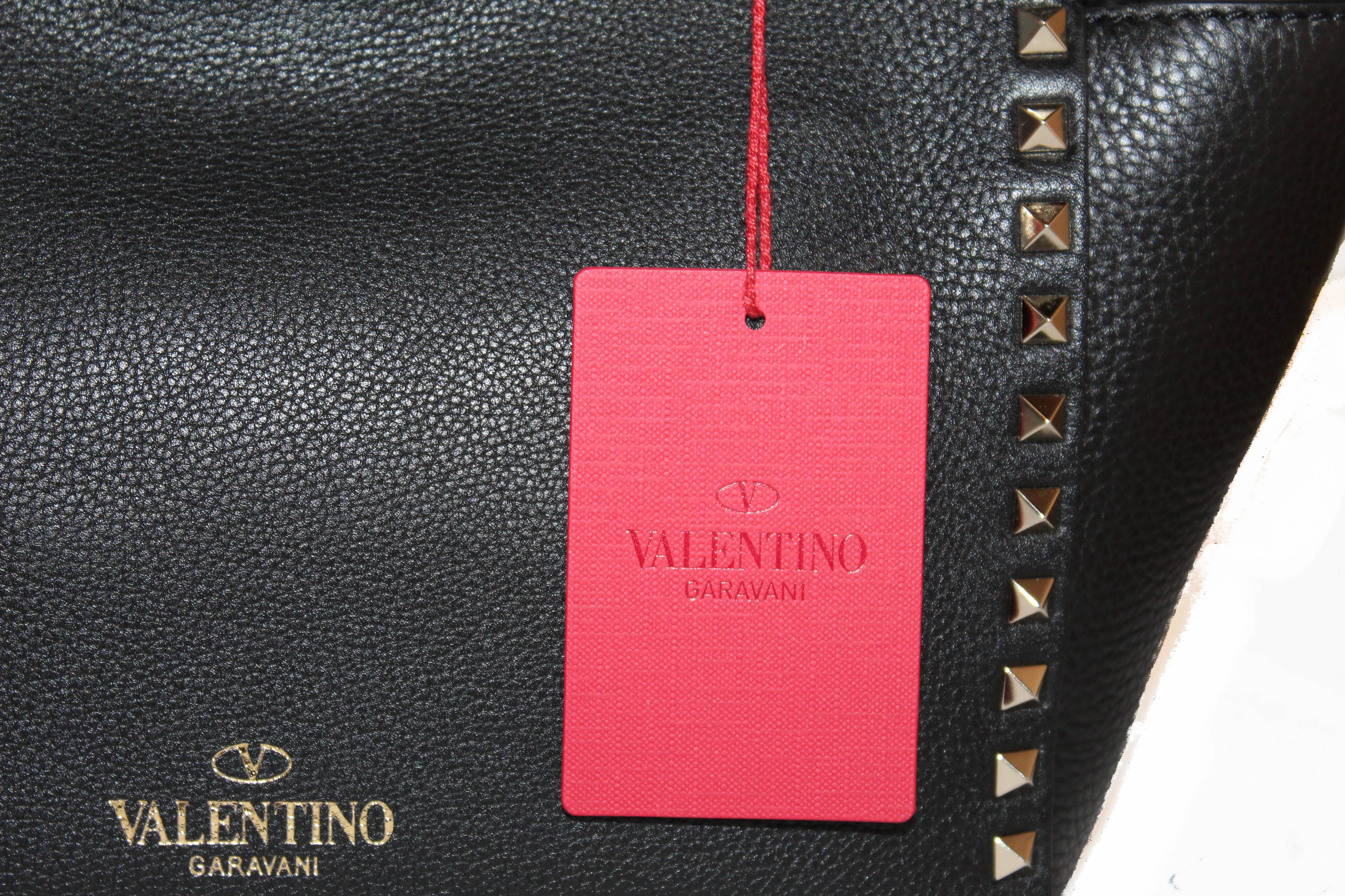 Authentic New Valentino Black Small Rockstud Calfskin Leather Tote Shoulder Bag