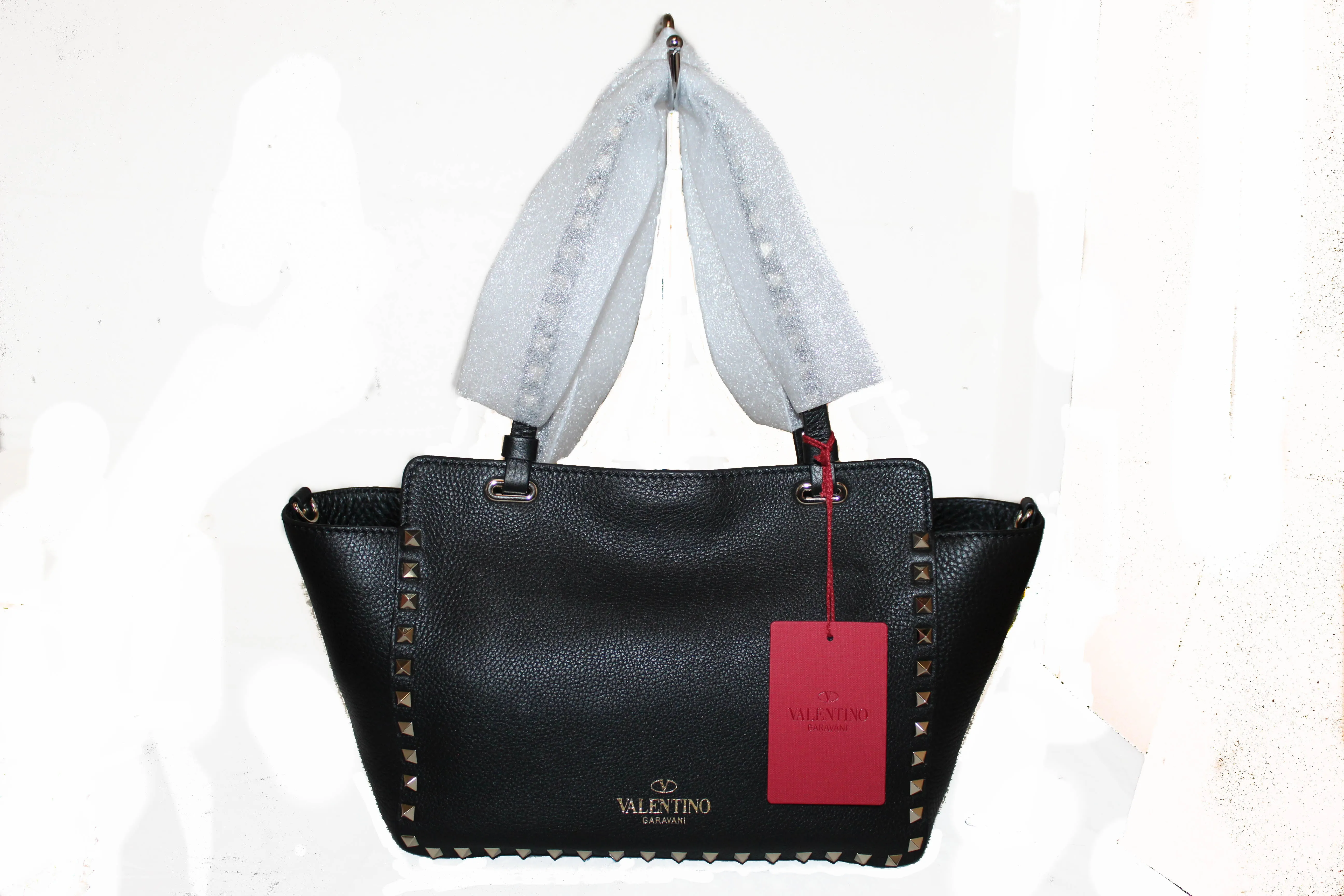 Authentic New Valentino Black Small Rockstud Calfskin Leather Tote Shoulder Bag
