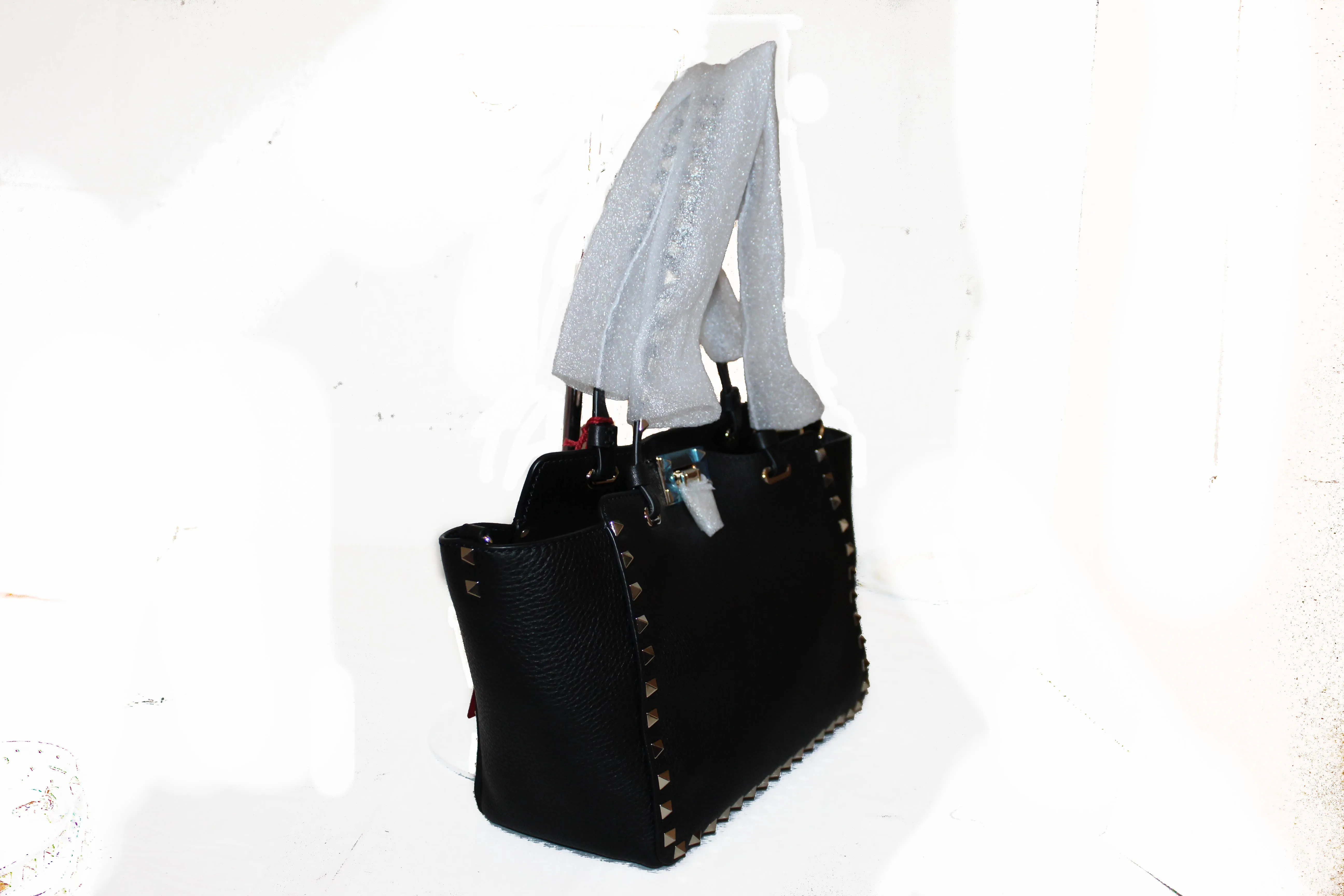 Authentic New Valentino Black Small Rockstud Calfskin Leather Tote Shoulder Bag