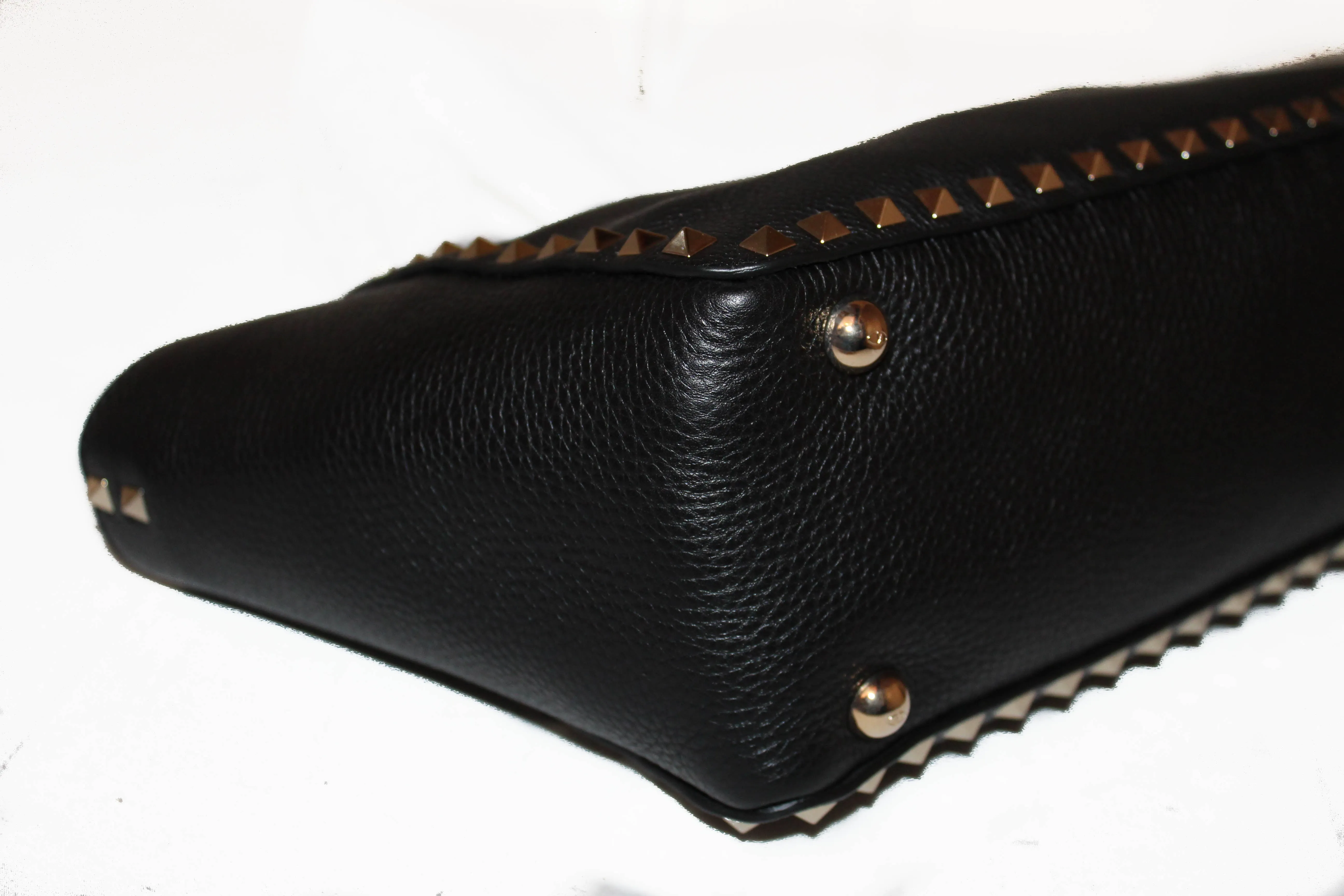 Authentic New Valentino Black Small Rockstud Calfskin Leather Tote Shoulder Bag