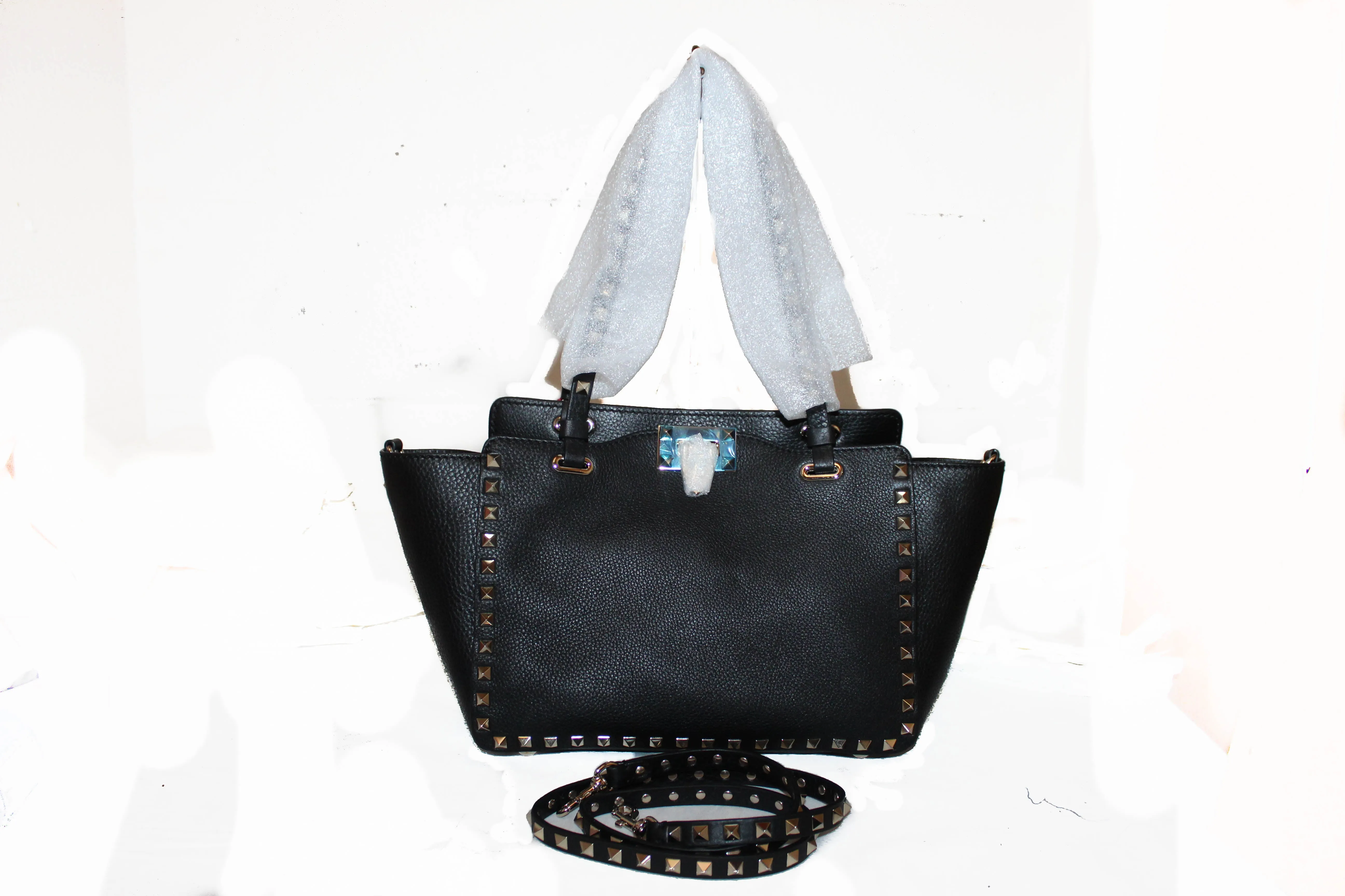 Authentic New Valentino Black Small Rockstud Calfskin Leather Tote Shoulder Bag