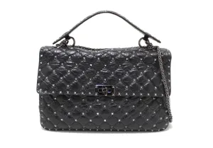 Authentic Valentino Garavani Black Quilted Nappa Leather Rockstud Spike Large Shoulder Bag