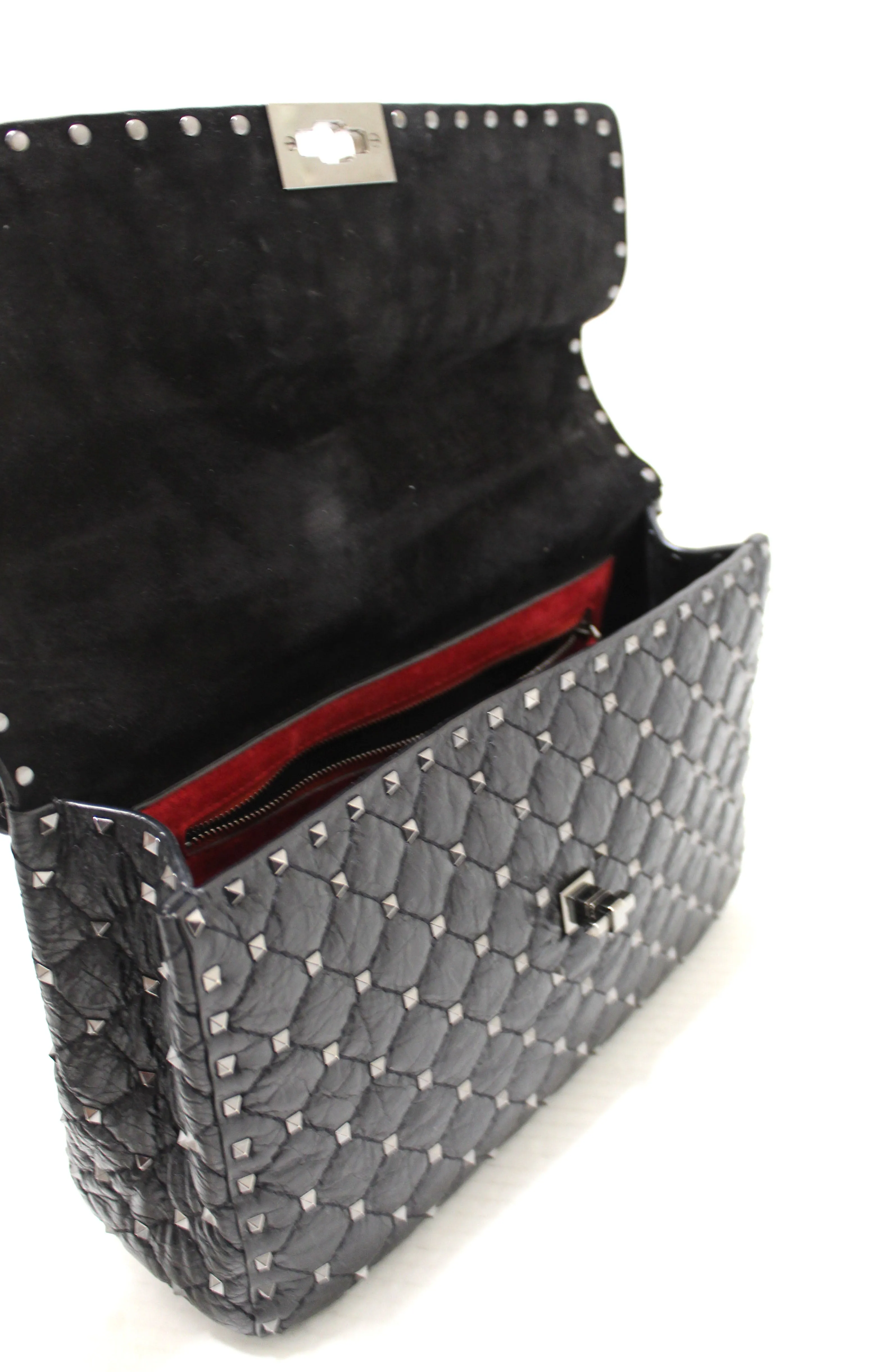 Authentic Valentino Garavani Black Quilted Nappa Leather Rockstud Spike Large Shoulder Bag