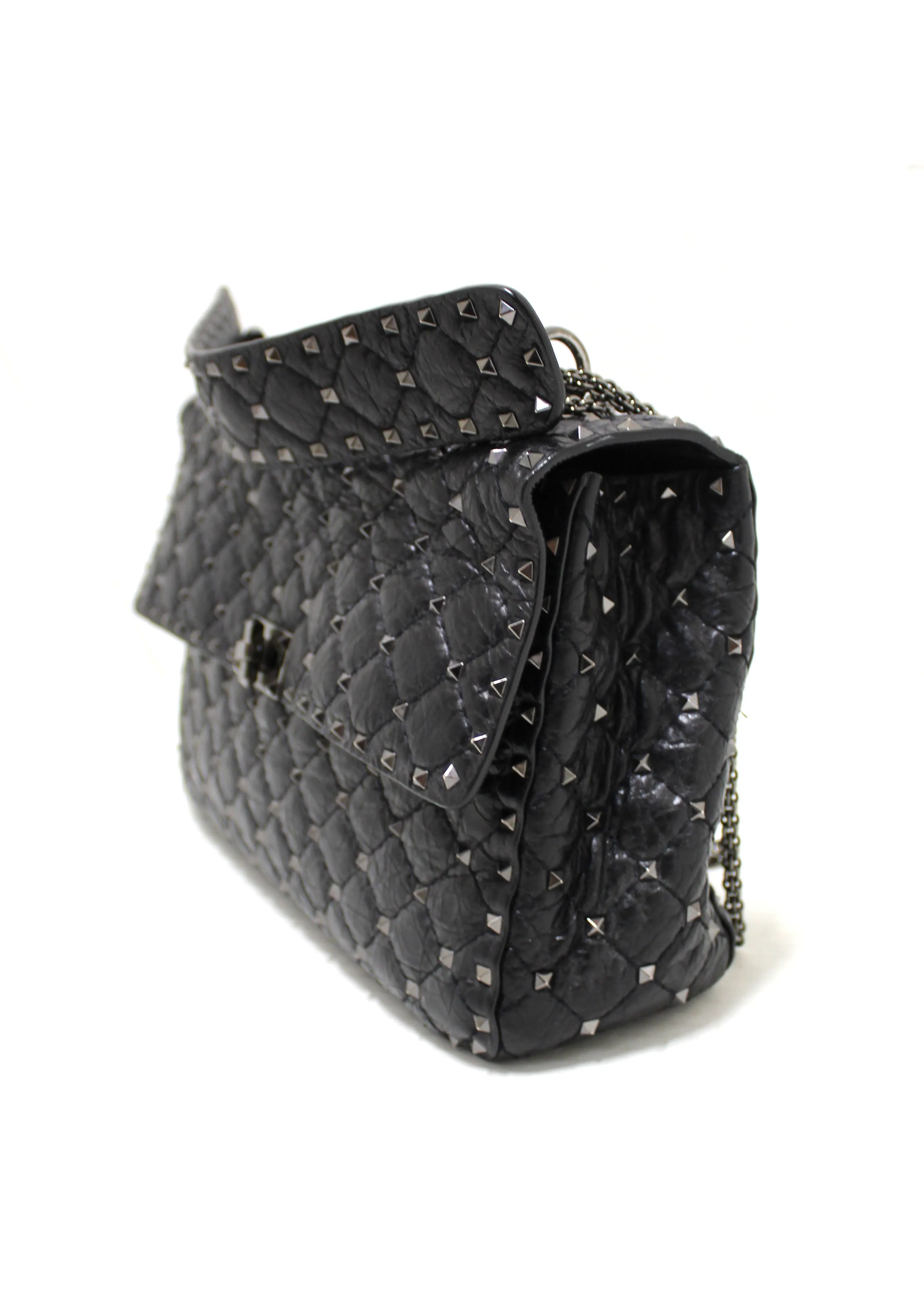 Authentic Valentino Garavani Black Quilted Nappa Leather Rockstud Spike Large Shoulder Bag