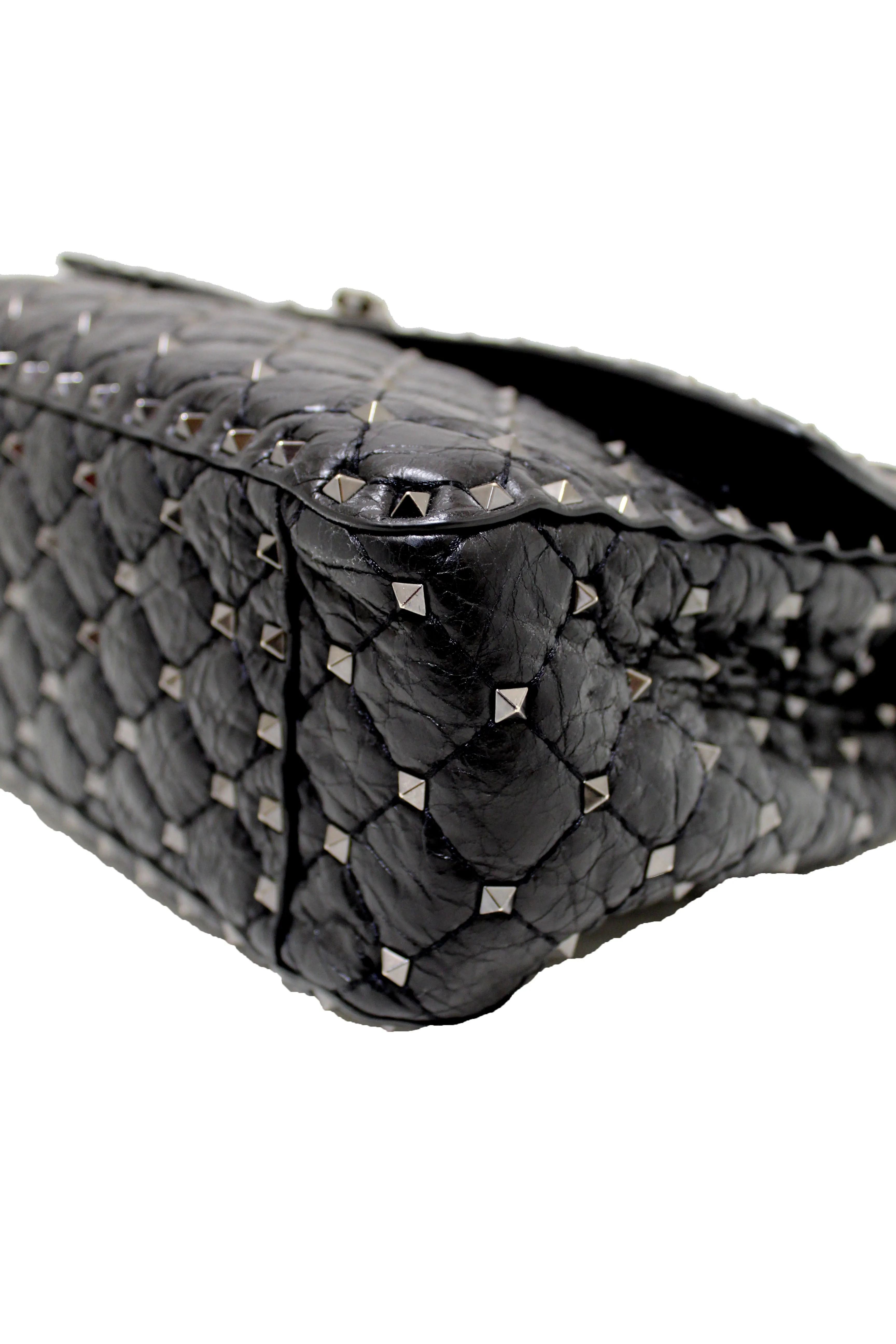 Authentic Valentino Garavani Black Quilted Nappa Leather Rockstud Spike Large Shoulder Bag