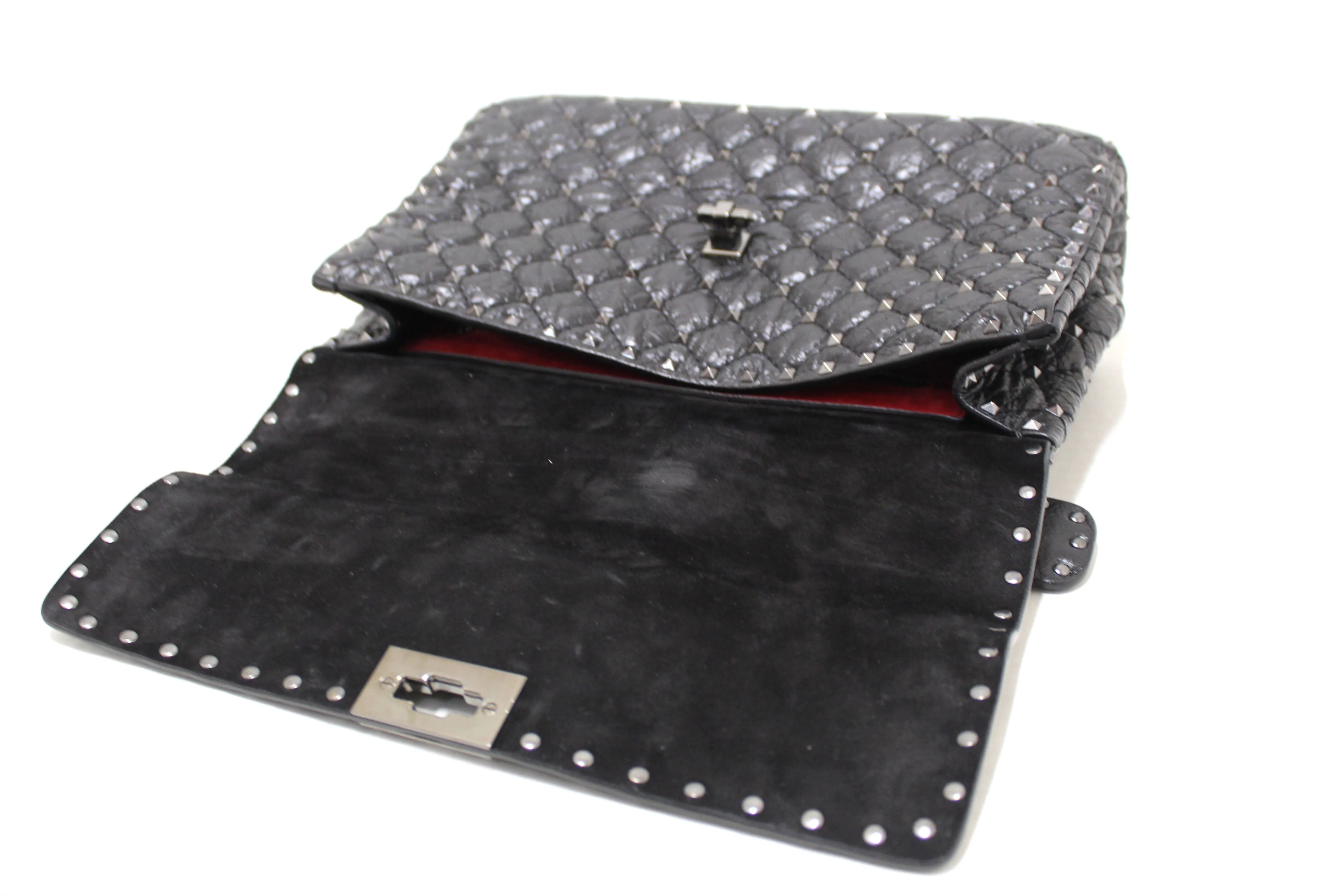 Authentic Valentino Garavani Black Quilted Nappa Leather Rockstud Spike Large Shoulder Bag