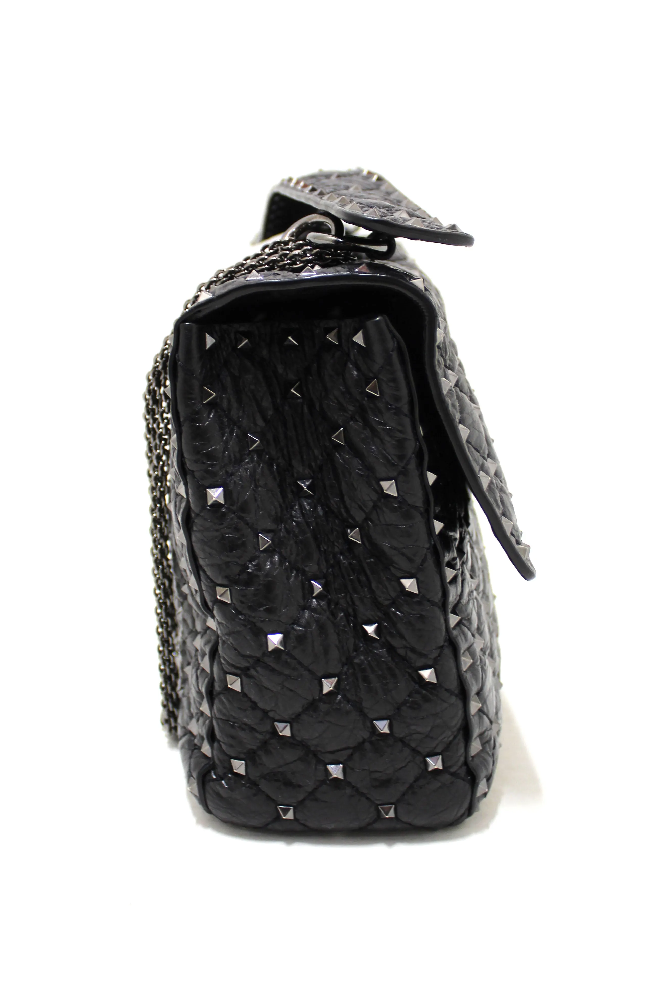 Authentic Valentino Garavani Black Quilted Nappa Leather Rockstud Spike Large Shoulder Bag