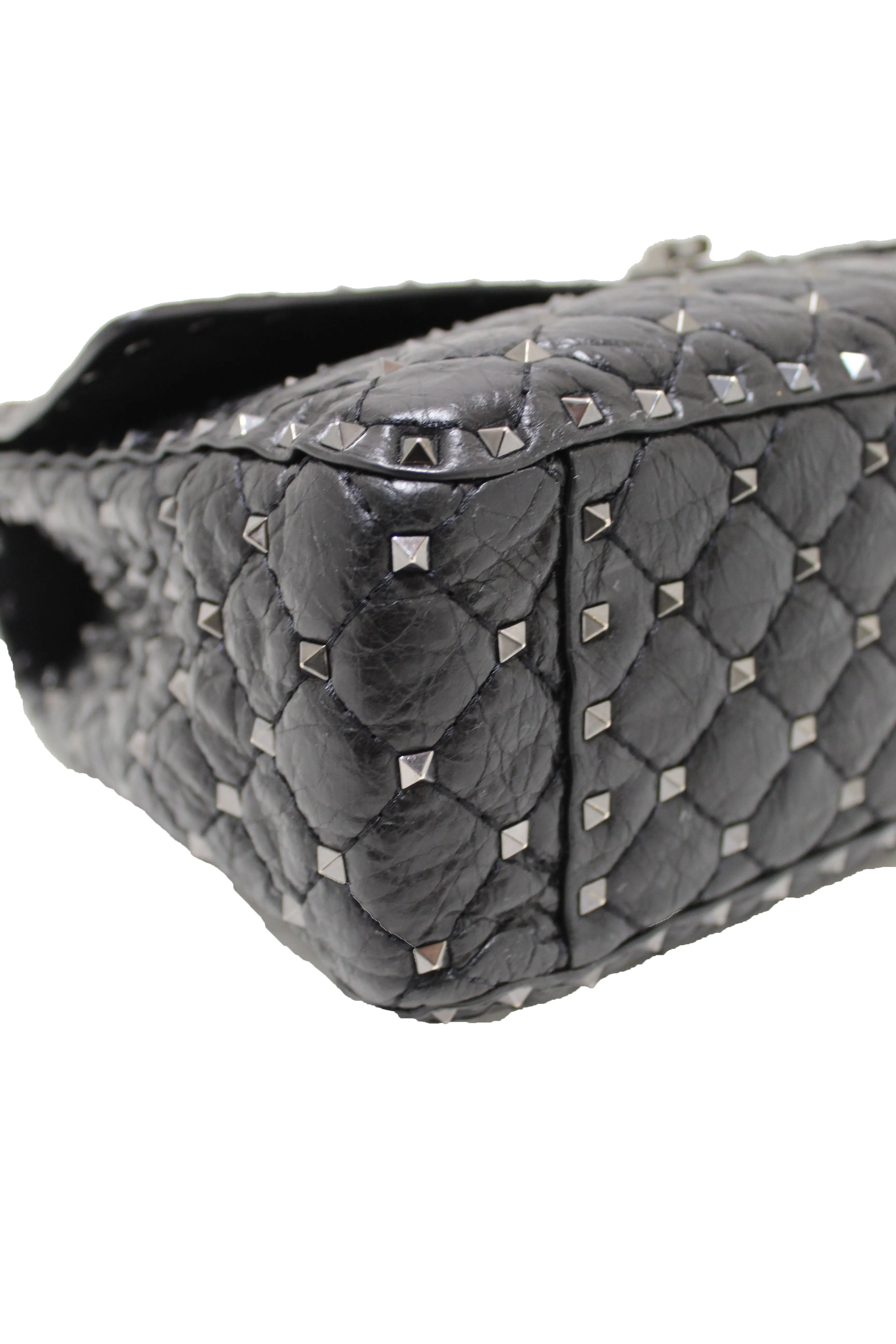 Authentic Valentino Garavani Black Quilted Nappa Leather Rockstud Spike Large Shoulder Bag
