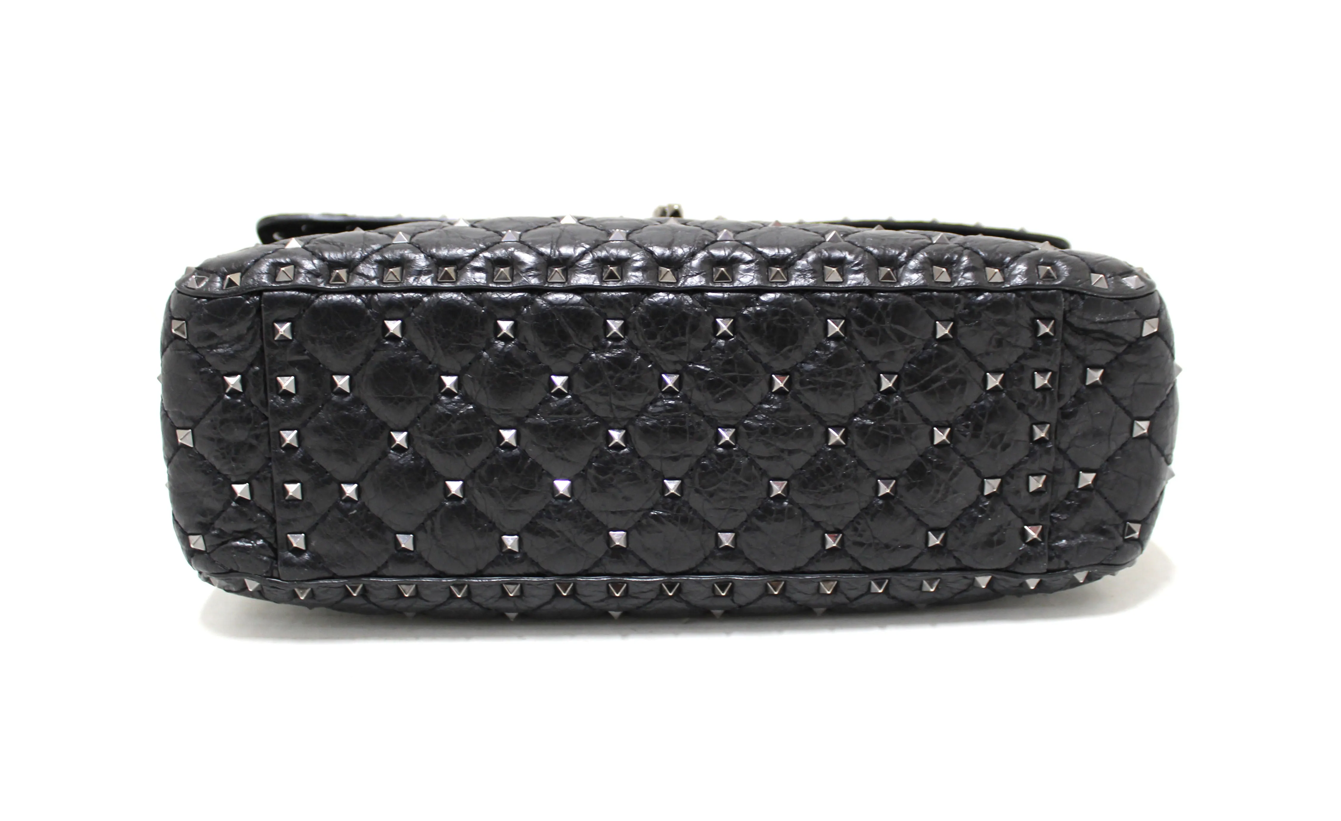 Authentic Valentino Garavani Black Quilted Nappa Leather Rockstud Spike Large Shoulder Bag