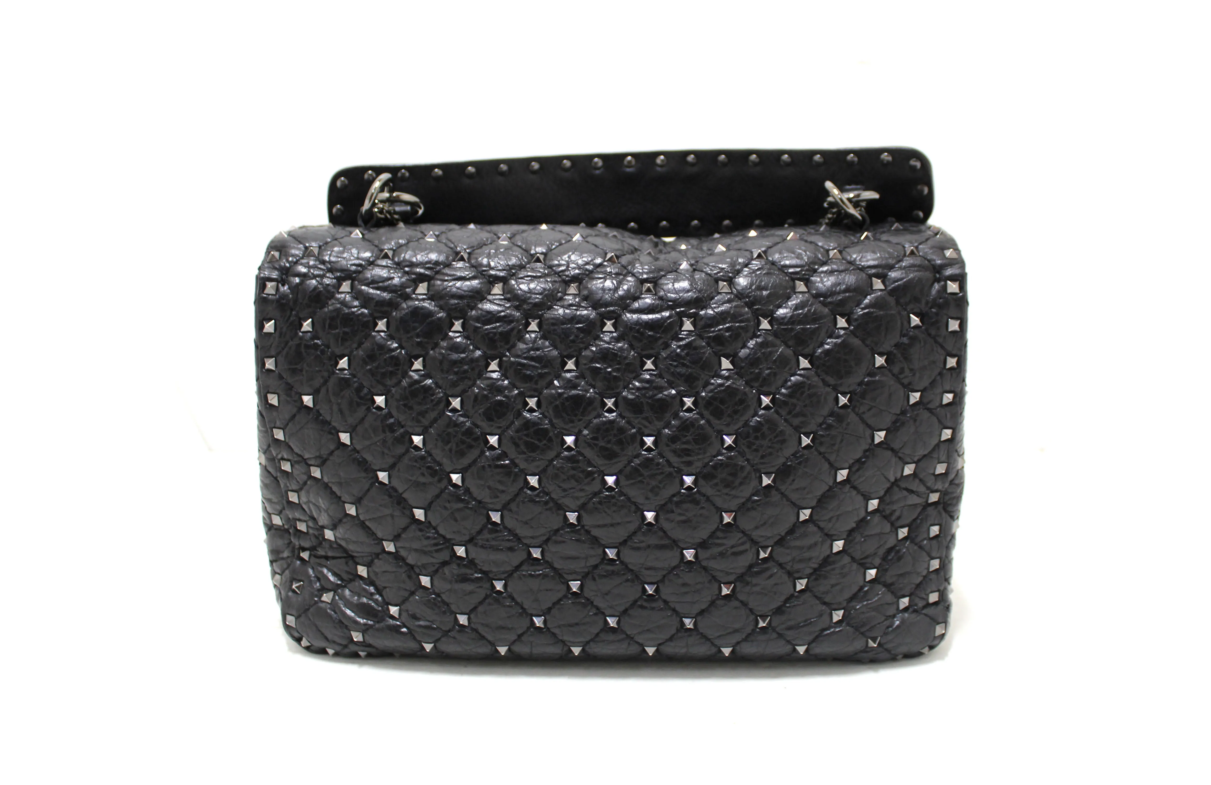 Authentic Valentino Garavani Black Quilted Nappa Leather Rockstud Spike Large Shoulder Bag