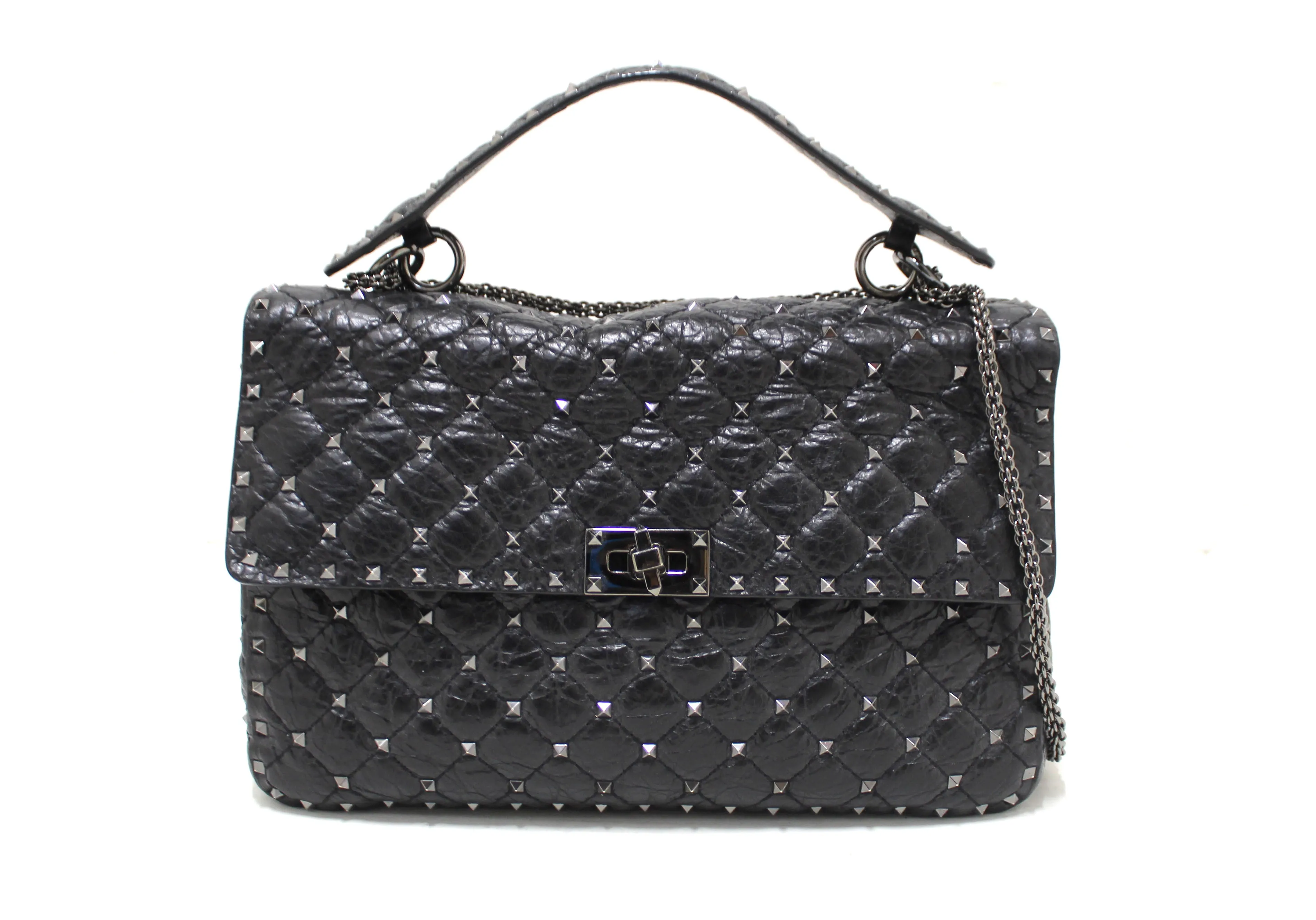 Authentic Valentino Garavani Black Quilted Nappa Leather Rockstud Spike Large Shoulder Bag