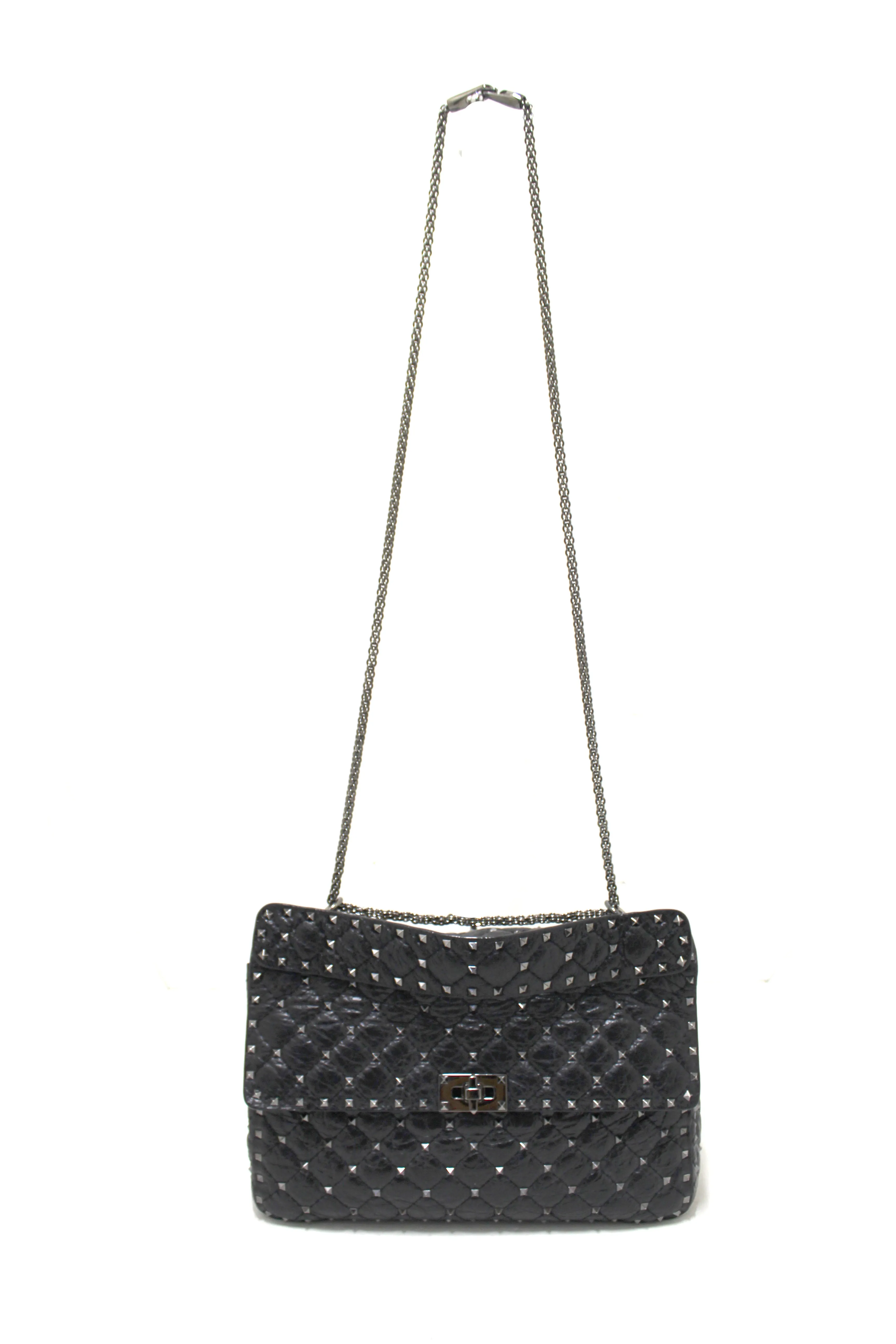 Authentic Valentino Garavani Black Quilted Nappa Leather Rockstud Spike Large Shoulder Bag