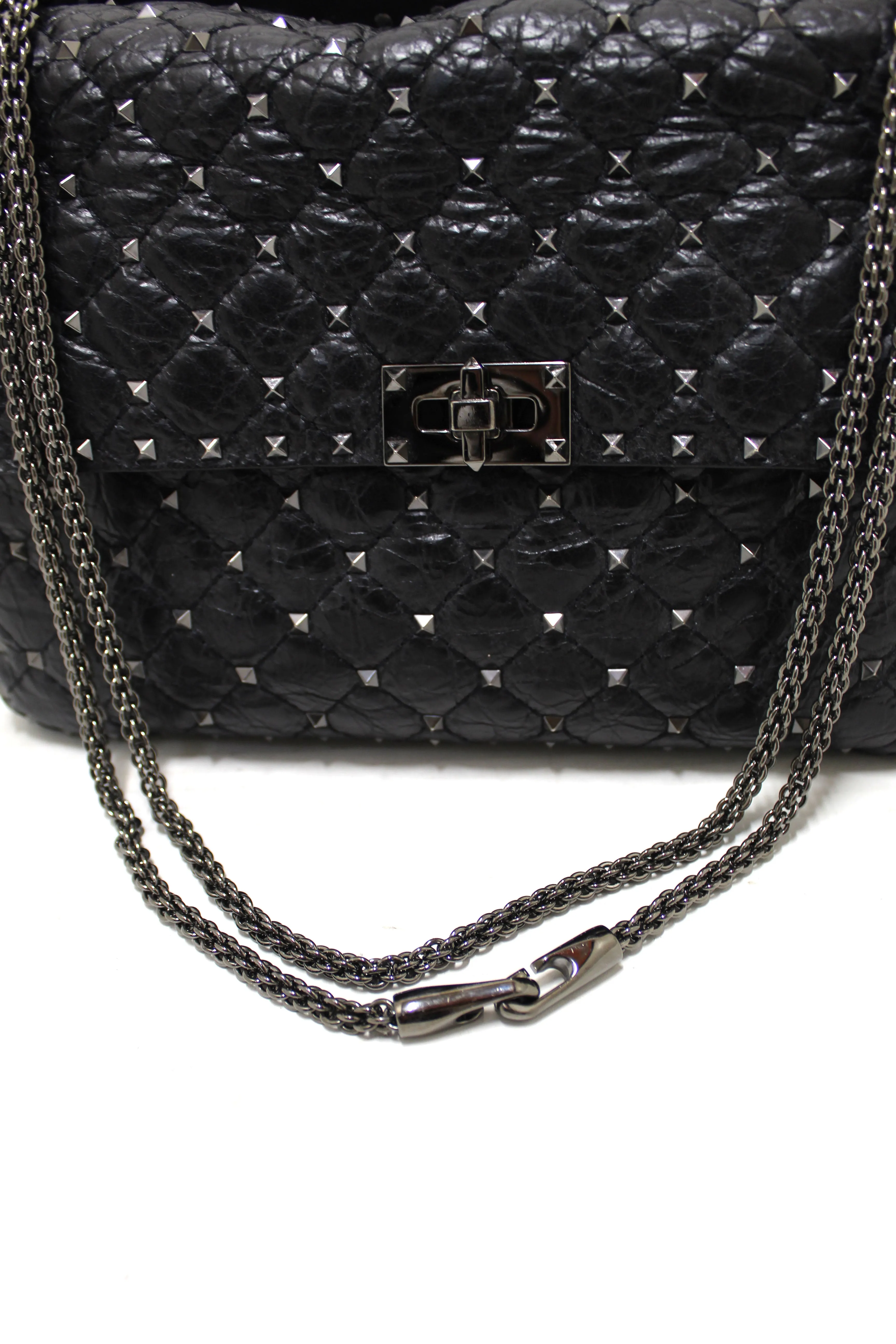 Authentic Valentino Garavani Black Quilted Nappa Leather Rockstud Spike Large Shoulder Bag