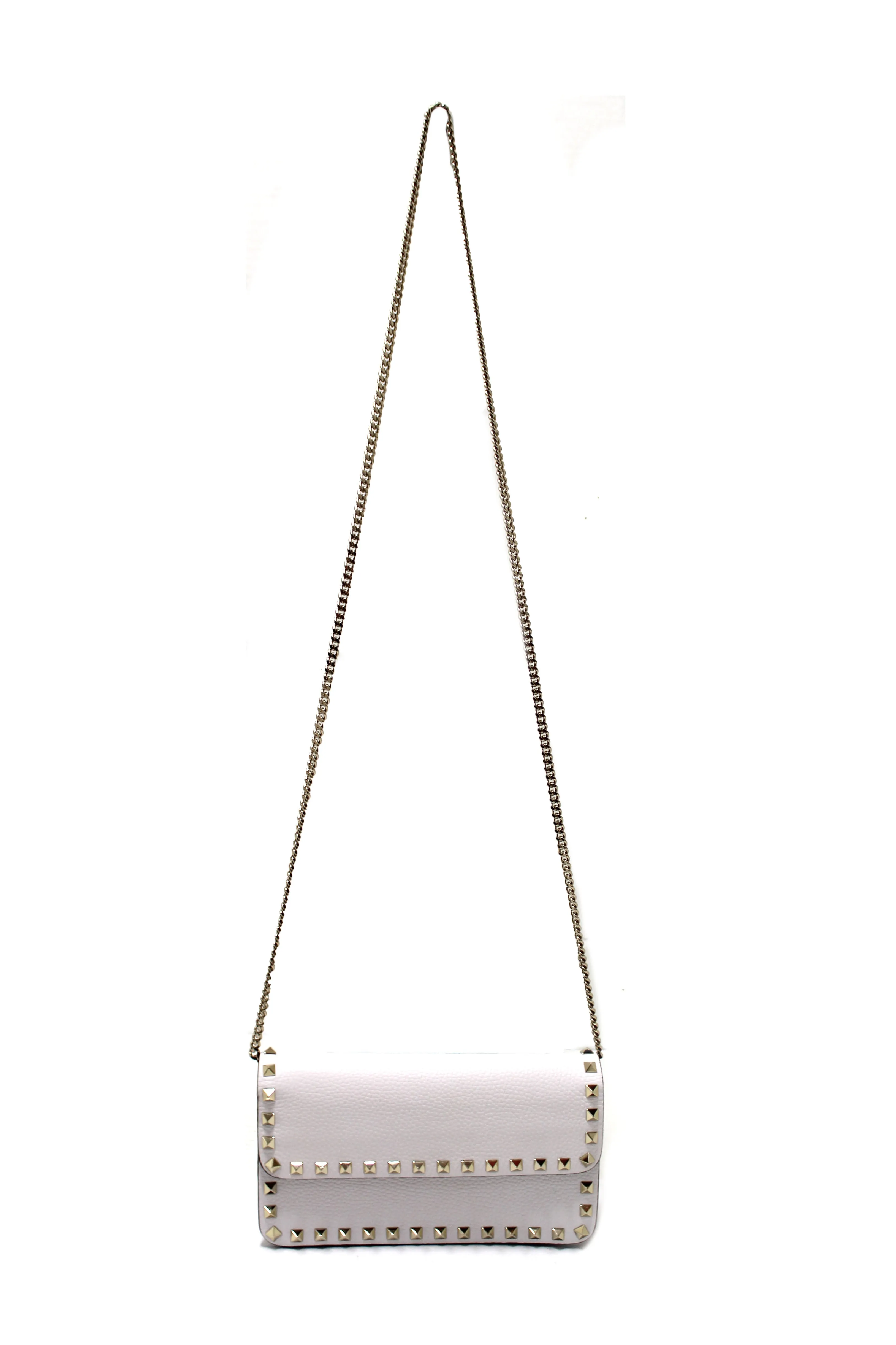 Authentic Valentino Garavani Rockstud White Grainy Calfskin Leather Wallet with Chain