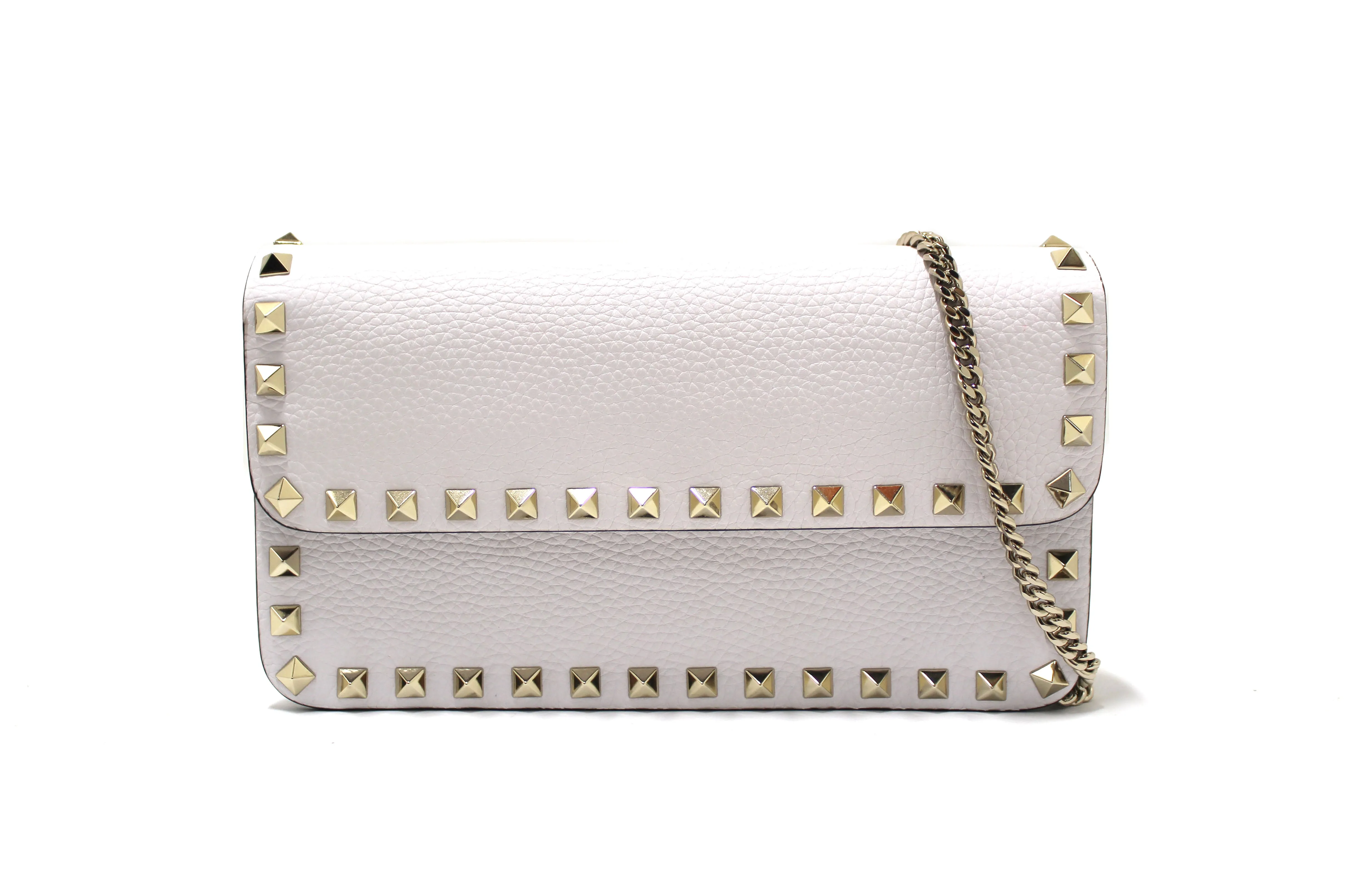 Authentic Valentino Garavani Rockstud White Grainy Calfskin Leather Wallet with Chain
