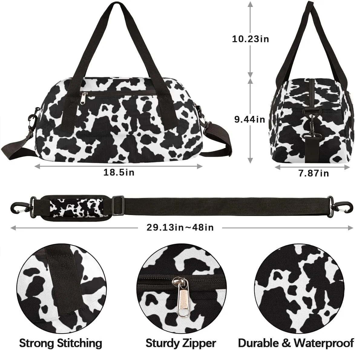 Black White Cow Print Gym Bag for Women and Men,Farm Animal Small Duffel Bag for Sports, Gyms, Yoga, Weekend Getaway, Travel Overnight Bag Workout Bag Cheer Dance Bag for Girls Boys Teen