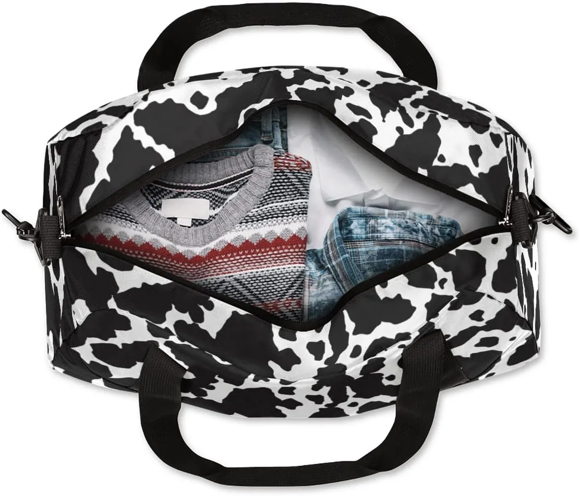 Black White Cow Print Gym Bag for Women and Men,Farm Animal Small Duffel Bag for Sports, Gyms, Yoga, Weekend Getaway, Travel Overnight Bag Workout Bag Cheer Dance Bag for Girls Boys Teen