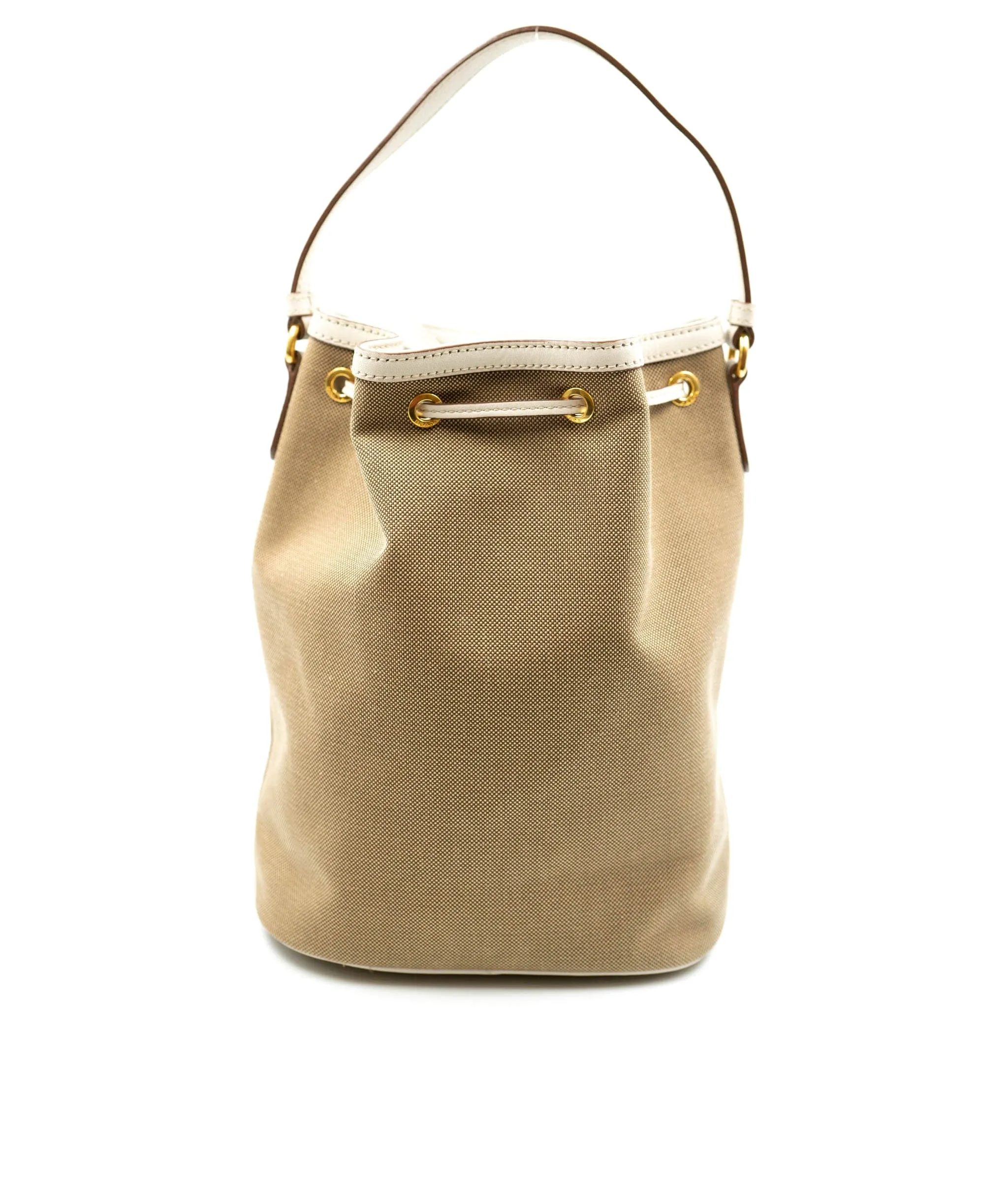 Bow Prada Brown Canapa Logo Canvas Bucket Bag White Beige - AWL3913