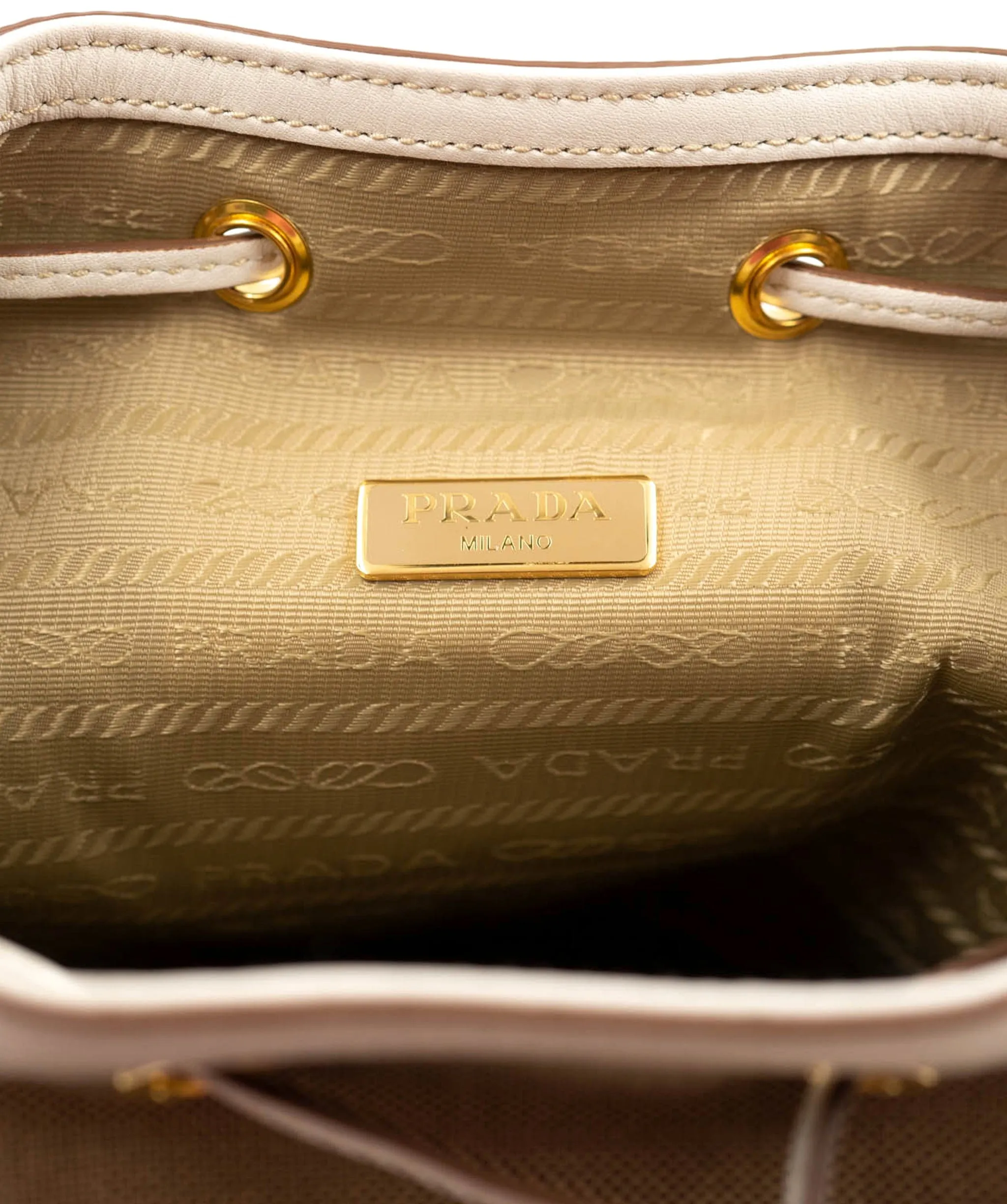 Bow Prada Brown Canapa Logo Canvas Bucket Bag White Beige - AWL3913