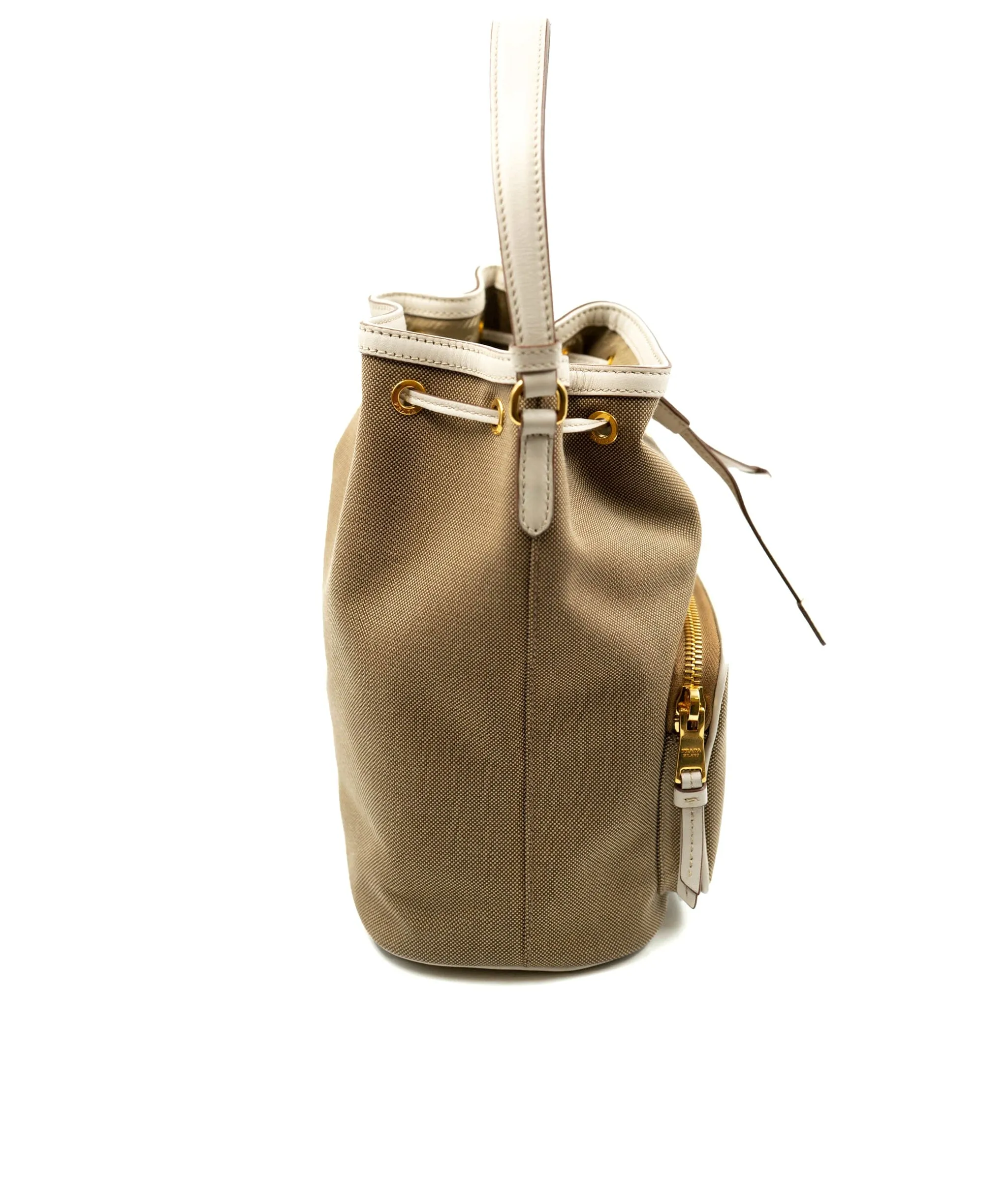 Bow Prada Brown Canapa Logo Canvas Bucket Bag White Beige - AWL3913