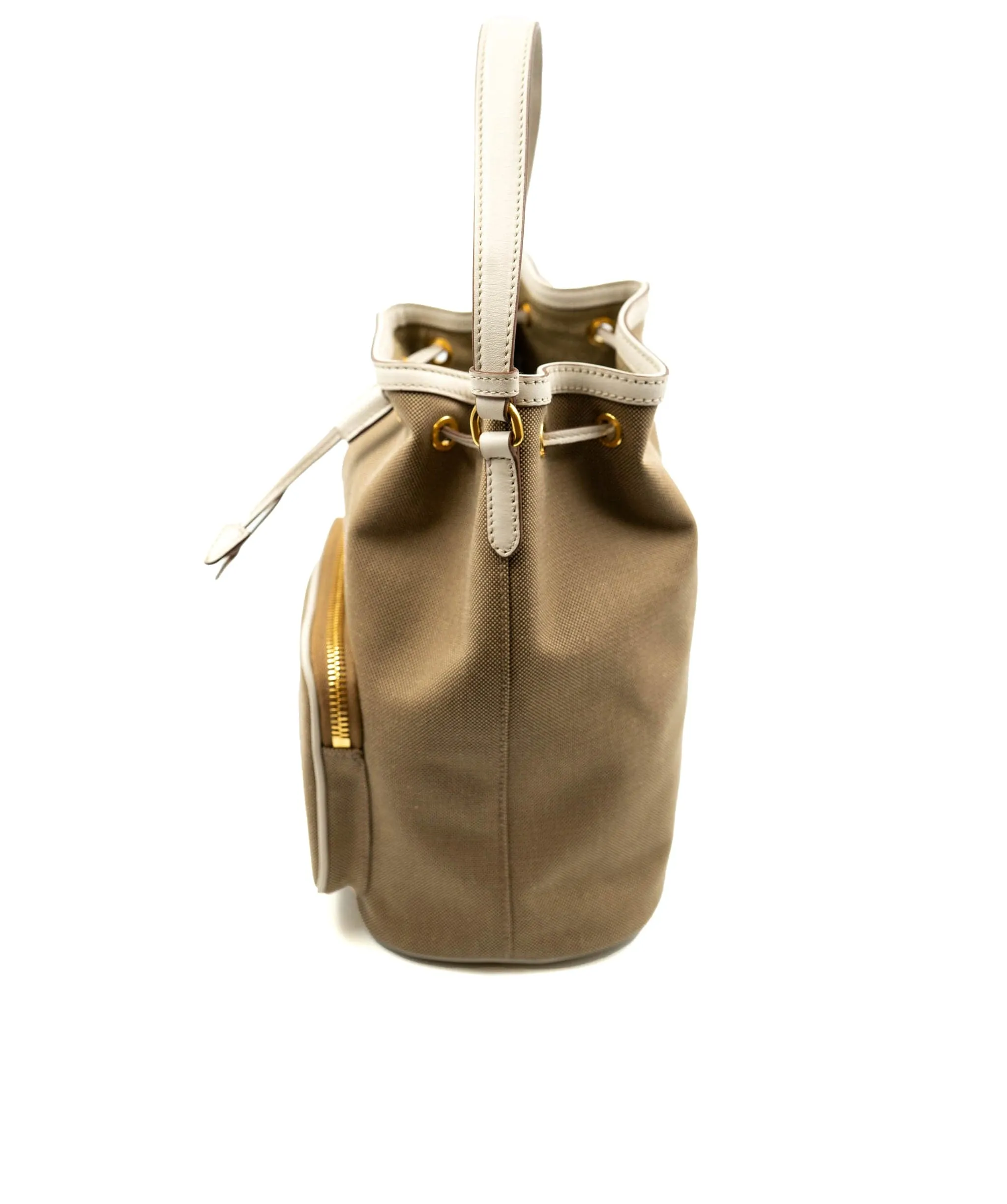 Bow Prada Brown Canapa Logo Canvas Bucket Bag White Beige - AWL3913