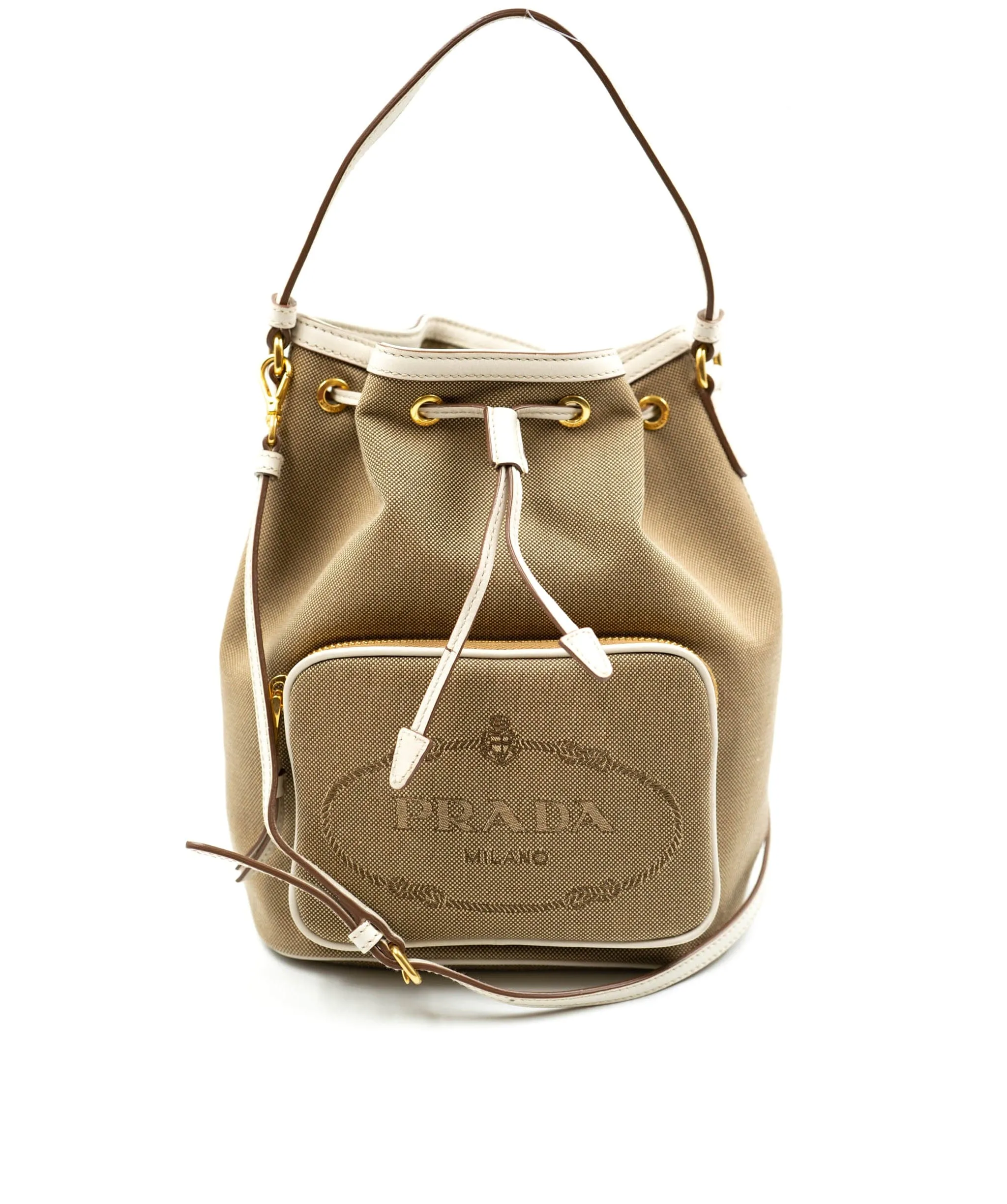 Bow Prada Brown Canapa Logo Canvas Bucket Bag White Beige - AWL3913