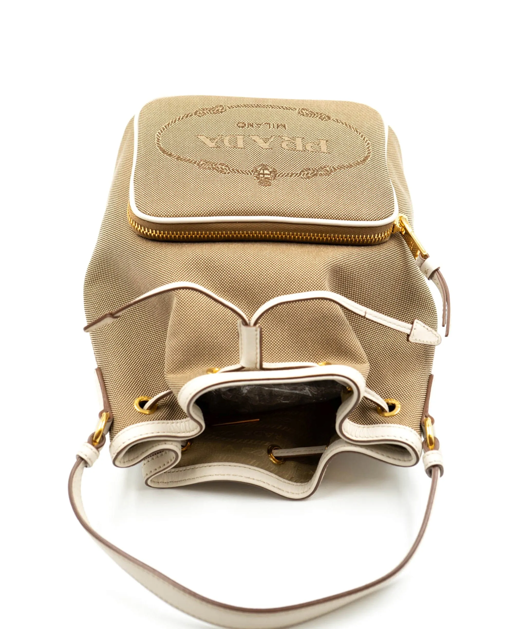 Bow Prada Brown Canapa Logo Canvas Bucket Bag White Beige - AWL3913