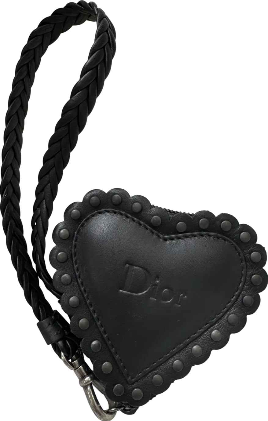 Christian Dior Black Leather Studded Coin Purse / Bag Charm With Wrist Strap