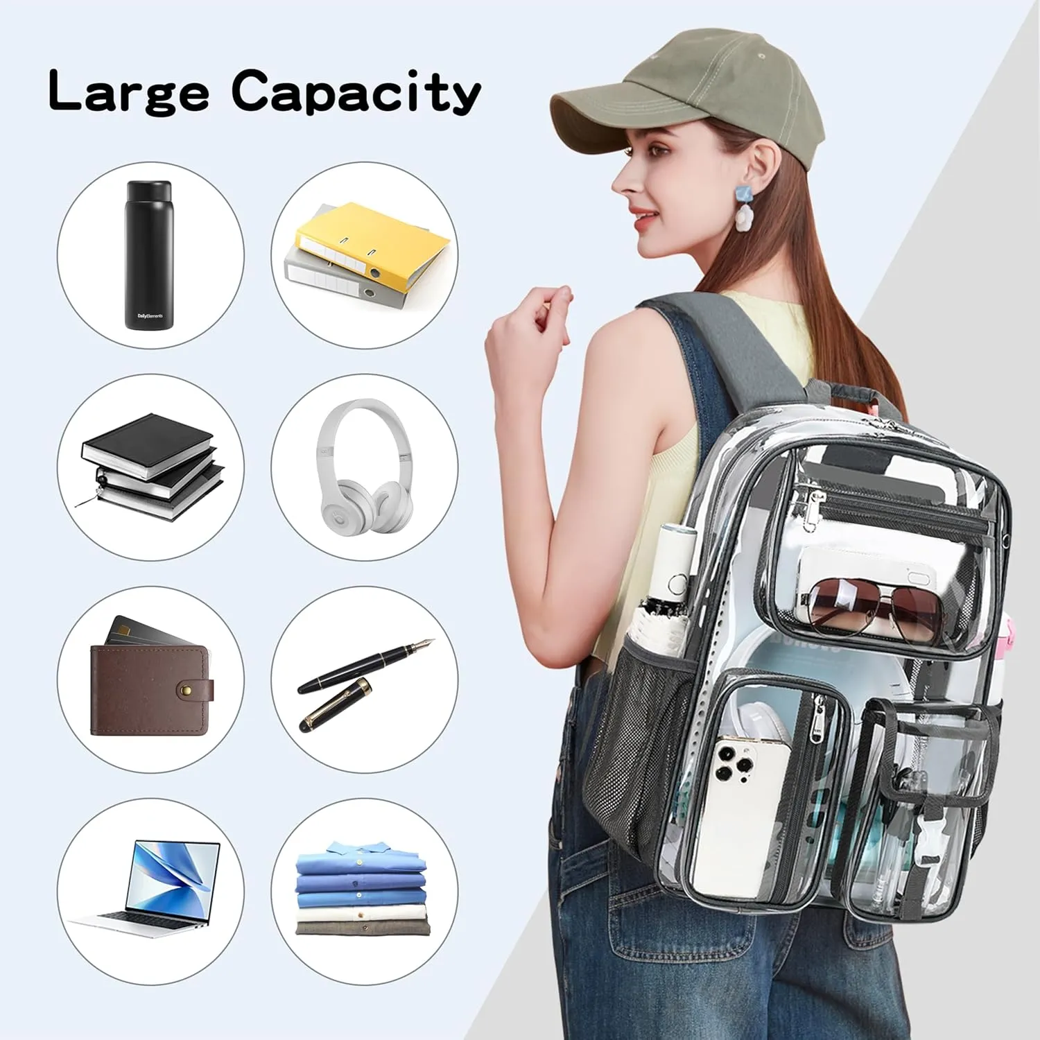 Cusangel Clear Dark Gray Backpack, Heavy Duty Men Clear BookBag,16inch TPU Large Capacity See Through Backpack for Sport Events,transparent plastic Travel,Work School,stadiums