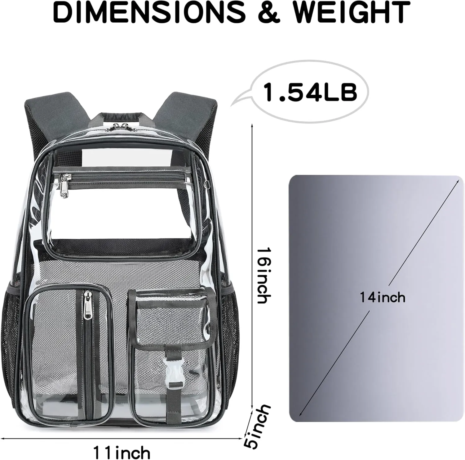 Cusangel Clear Dark Gray Backpack, Heavy Duty Men Clear BookBag,16inch TPU Large Capacity See Through Backpack for Sport Events,transparent plastic Travel,Work School,stadiums