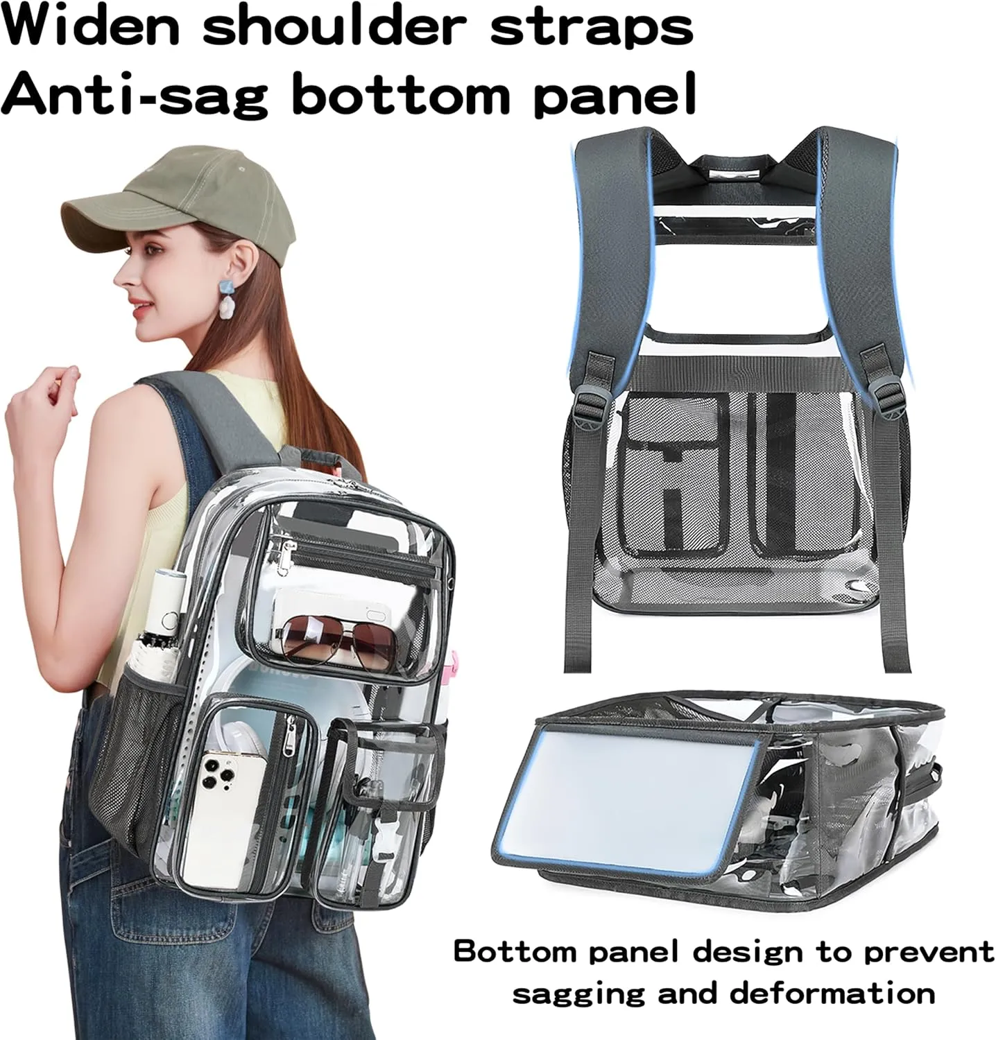 Cusangel Clear Dark Gray Backpack, Heavy Duty Men Clear BookBag,16inch TPU Large Capacity See Through Backpack for Sport Events,transparent plastic Travel,Work School,stadiums
