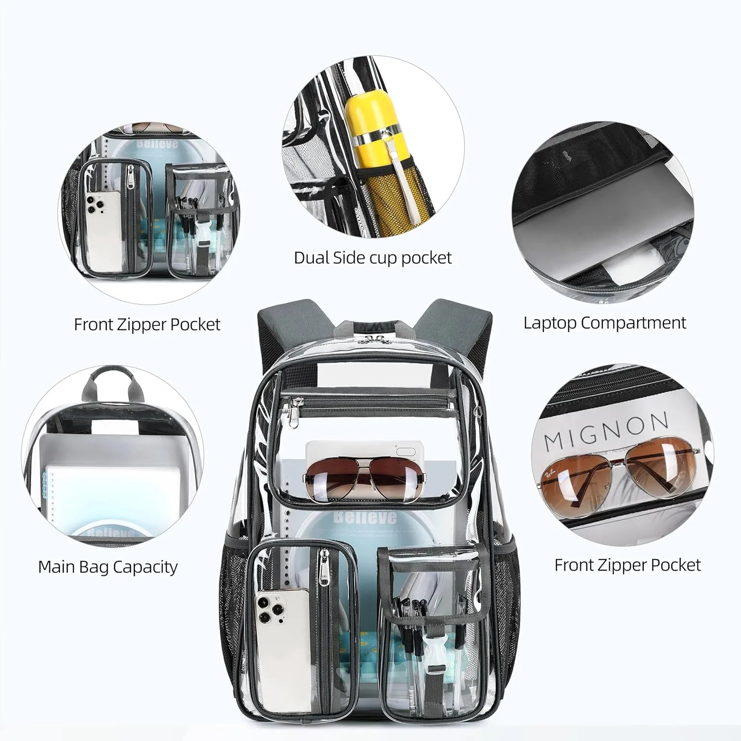 Cusangel Clear Dark Gray Backpack, Heavy Duty Men Clear BookBag,16inch TPU Large Capacity See Through Backpack for Sport Events,transparent plastic Travel,Work School,stadiums