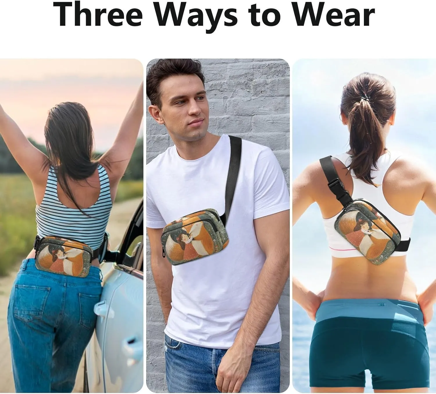 Cute Fox Little Girl Fashion Fanny Pack Waist Bag for Women Men Teenagers Waterproof Crossbody Sling Bag with Adjustable Strap for Cycling Hiking Gym