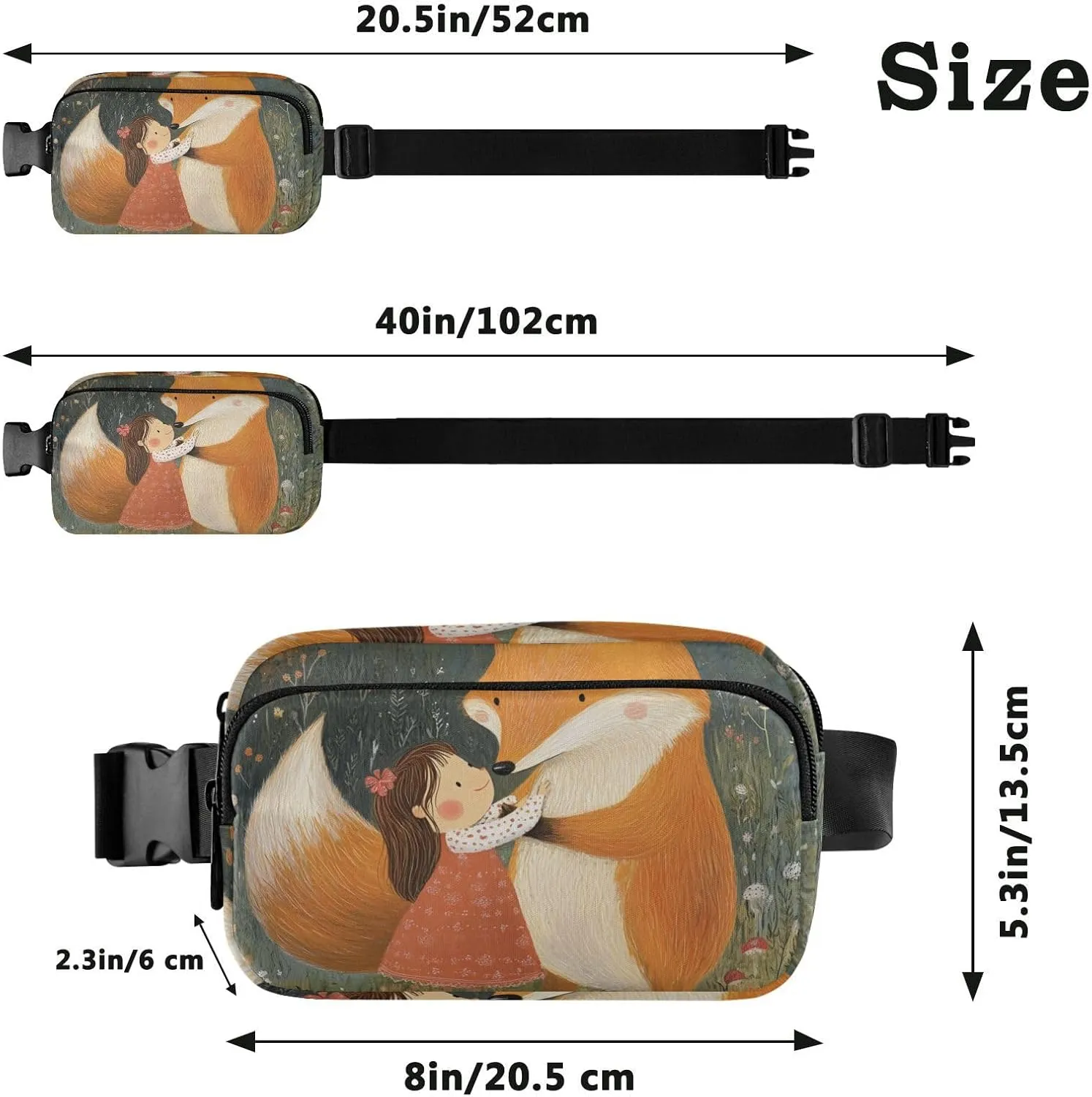 Cute Fox Little Girl Fashion Fanny Pack Waist Bag for Women Men Teenagers Waterproof Crossbody Sling Bag with Adjustable Strap for Cycling Hiking Gym