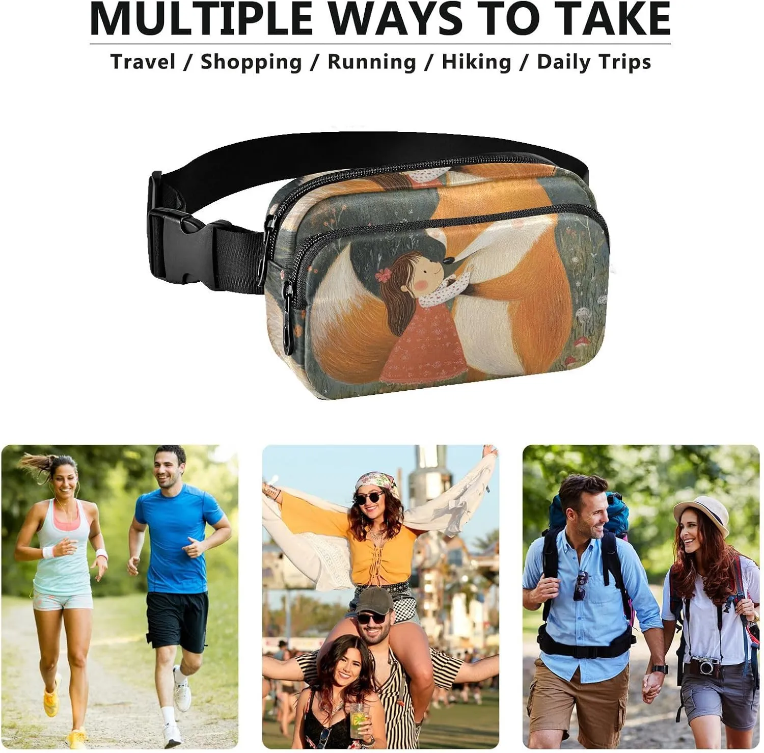 Cute Fox Little Girl Fashion Fanny Pack Waist Bag for Women Men Teenagers Waterproof Crossbody Sling Bag with Adjustable Strap for Cycling Hiking Gym