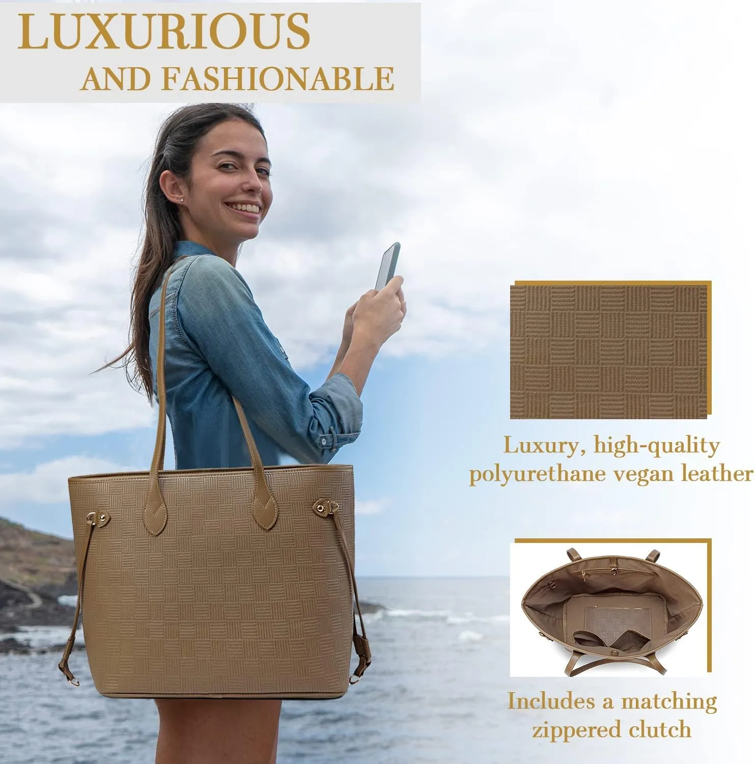 Daisy Rose Tote Shoulder Travel Bag & Matching Clutch PU Vegan Leather