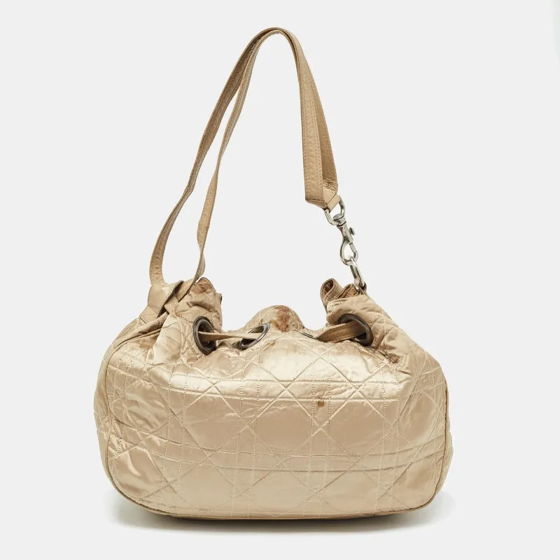 DIOR Beige Cannage Nylon and Leather Drawstring Bag