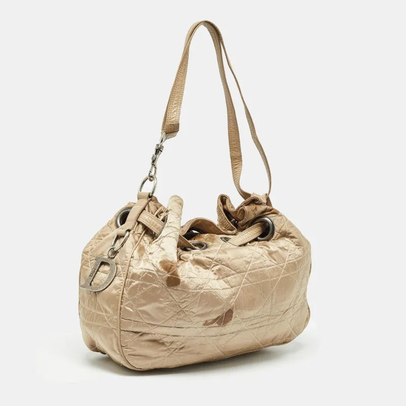 DIOR Beige Cannage Nylon and Leather Drawstring Bag