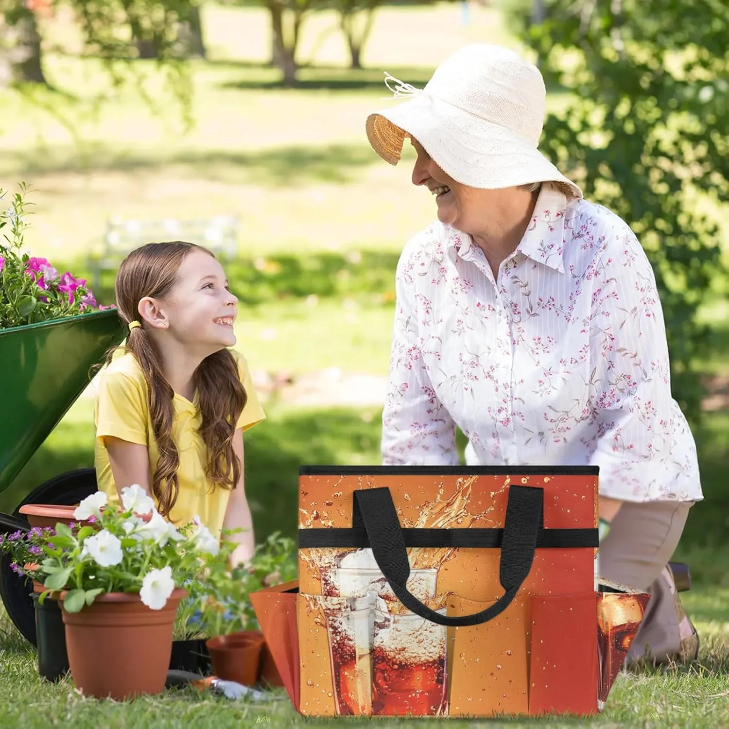 Drinks Garden Tote Bag for Women Men, Glasses Heavy Duty Garden Tool Bags Organizer with 10 Pockets for Gardening Gift