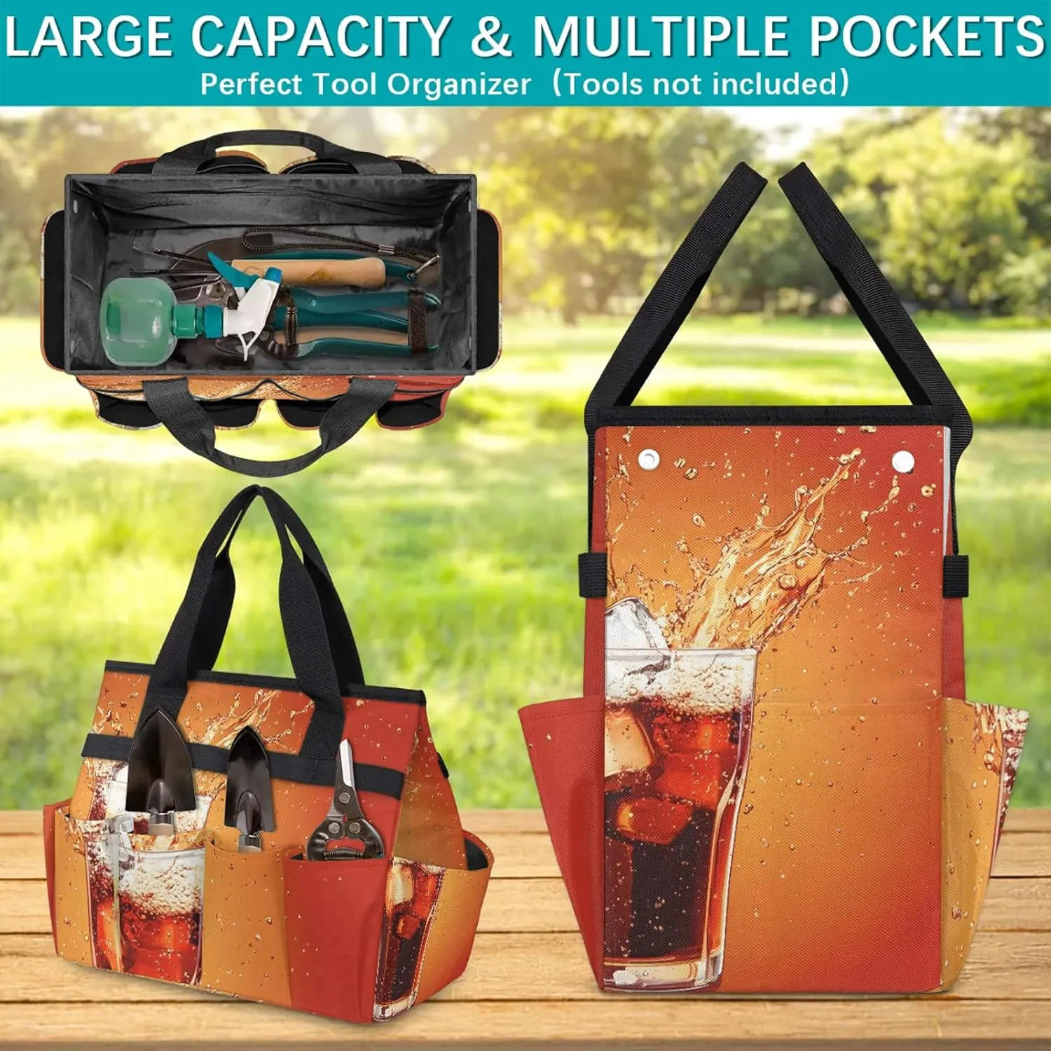 Drinks Garden Tote Bag for Women Men, Glasses Heavy Duty Garden Tool Bags Organizer with 10 Pockets for Gardening Gift