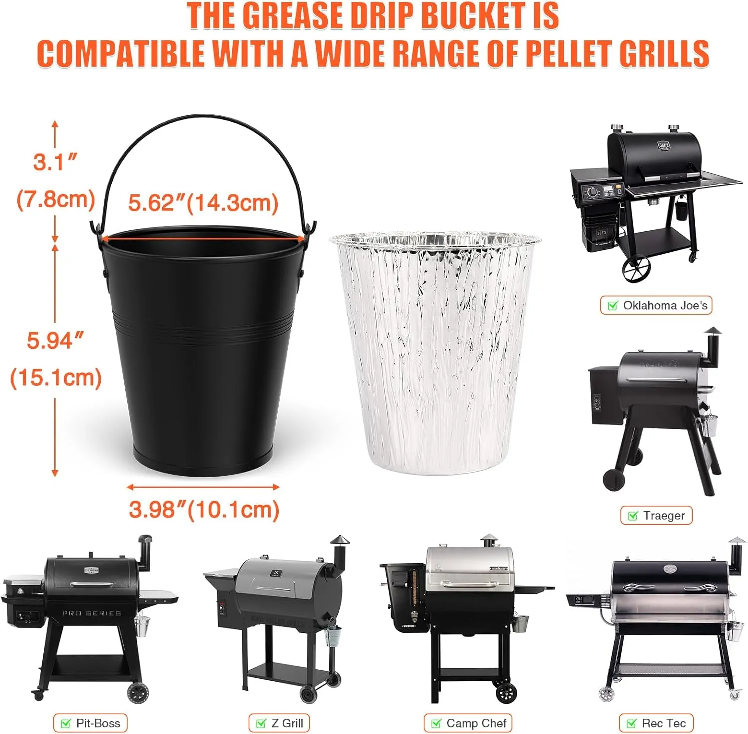 Drip Bucket and 15-Pack Disposable Foil Liners for Oklahoma Joe's, Traeger, Pit-Boss, Z Grill, Camp Chef, Grill Grease Liner Fits Most Offset Smoker, Rec Tec Pellet Grill Bucket, Black