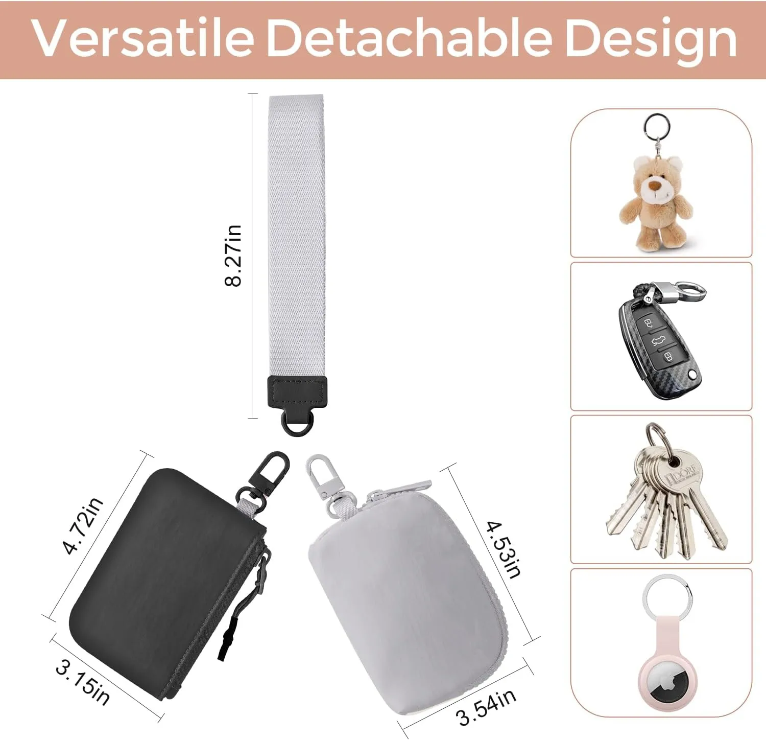 Dual Pouch Wristlet Keychain Wallets for Women with 2 Detachable Zipper Coin Purse - Small and Portable Mini Card Wallet for Women Men Black Grey