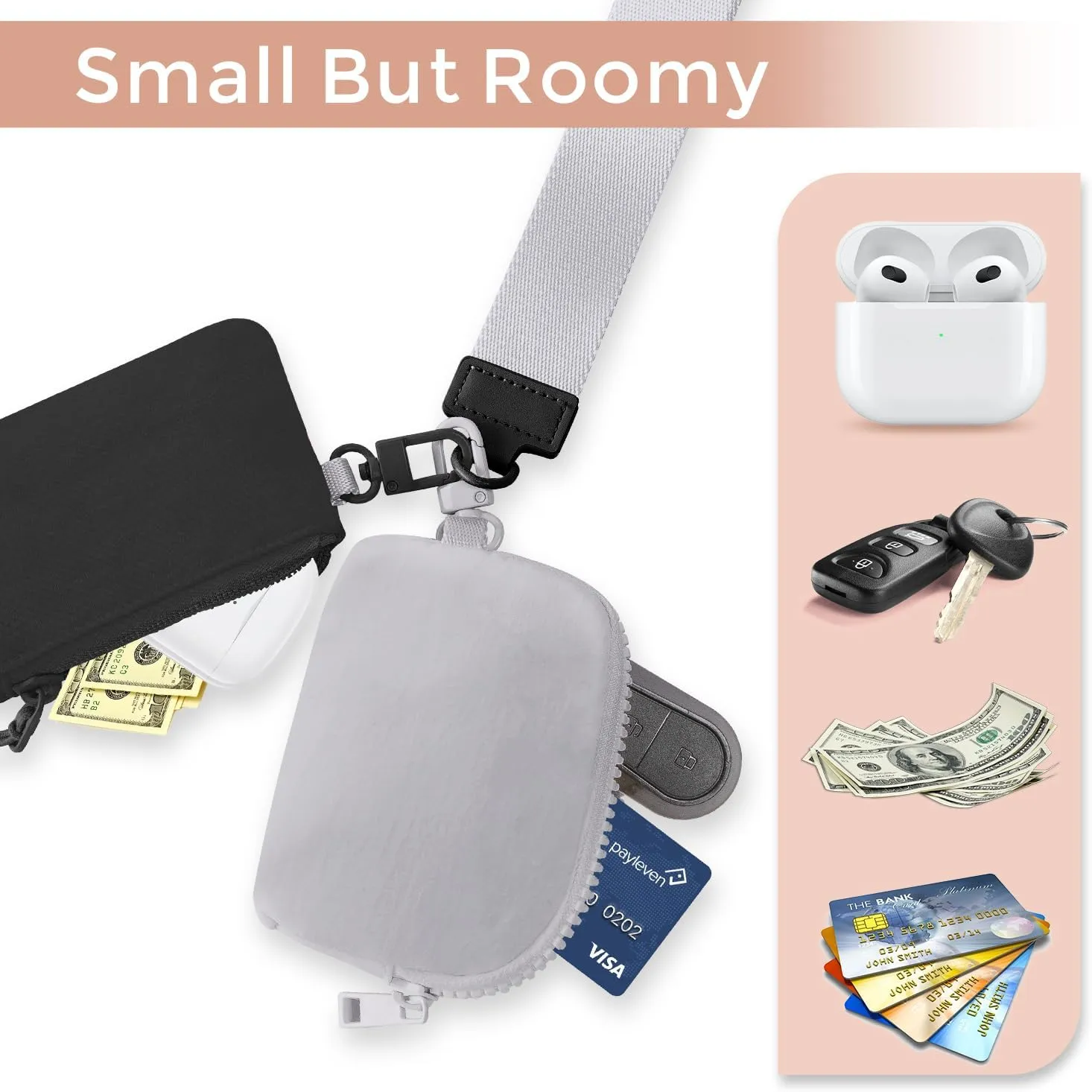 Dual Pouch Wristlet Keychain Wallets for Women with 2 Detachable Zipper Coin Purse - Small and Portable Mini Card Wallet for Women Men Black Grey