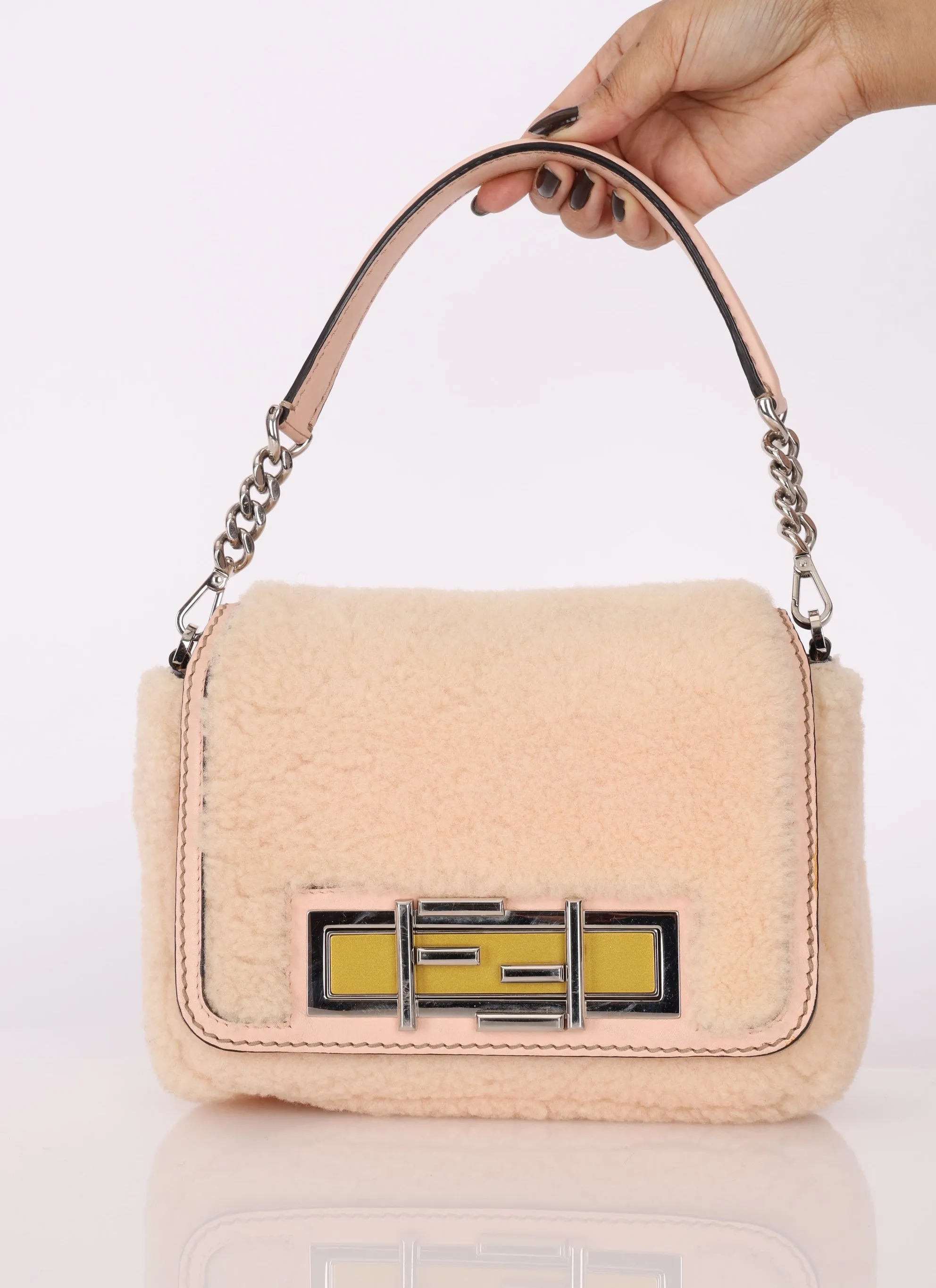 Fendi Shearling Turnlock Square Baguette