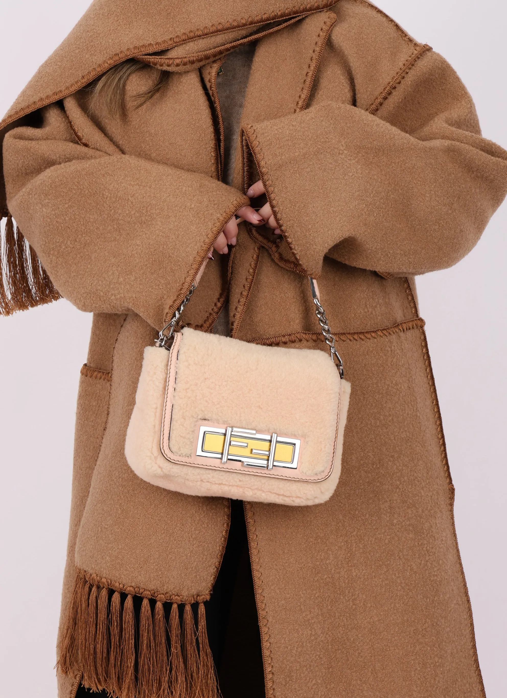 Fendi Shearling Turnlock Square Baguette