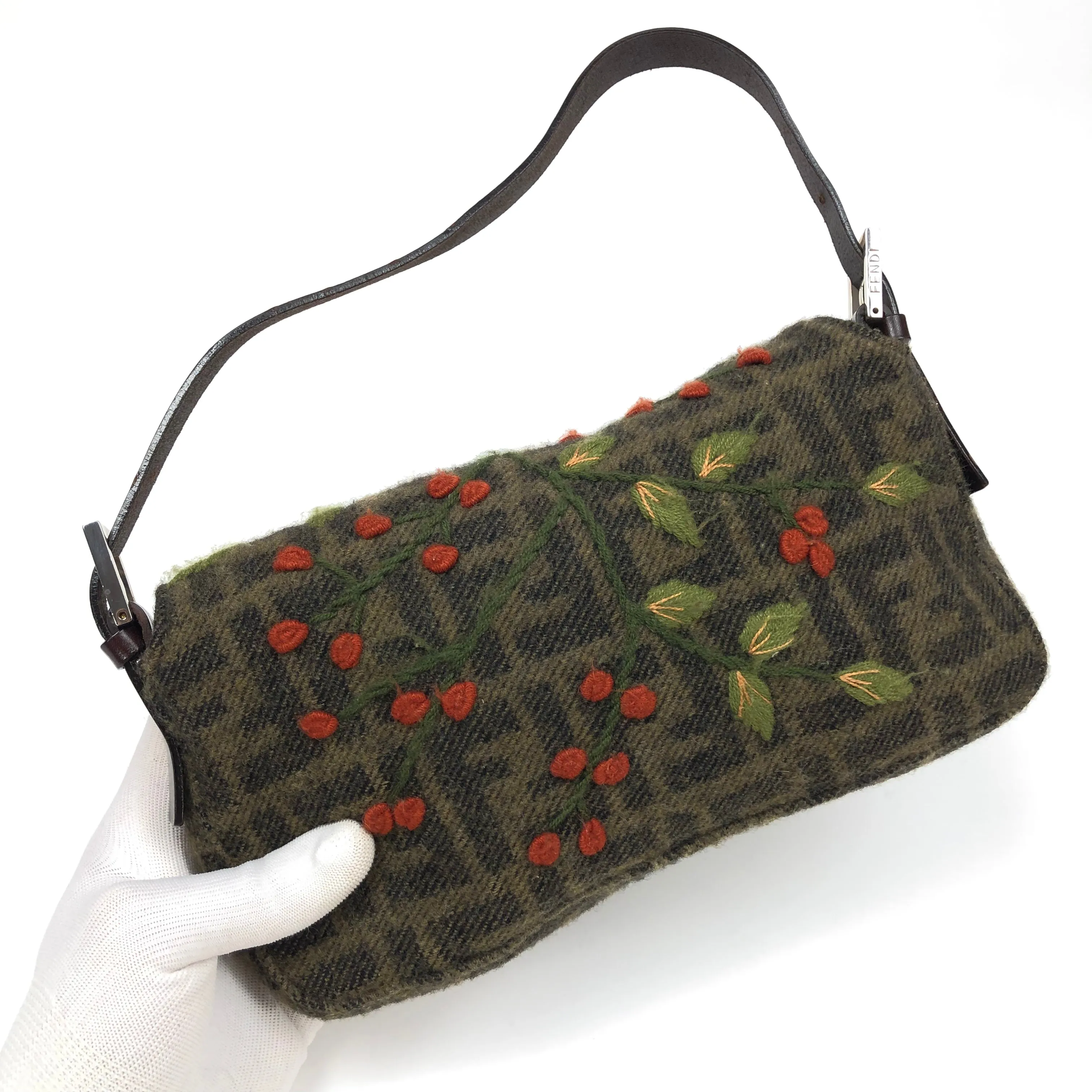 FENDI ZUCCA CASHMERE WOOL BAGUETTE SHOULDER BAG